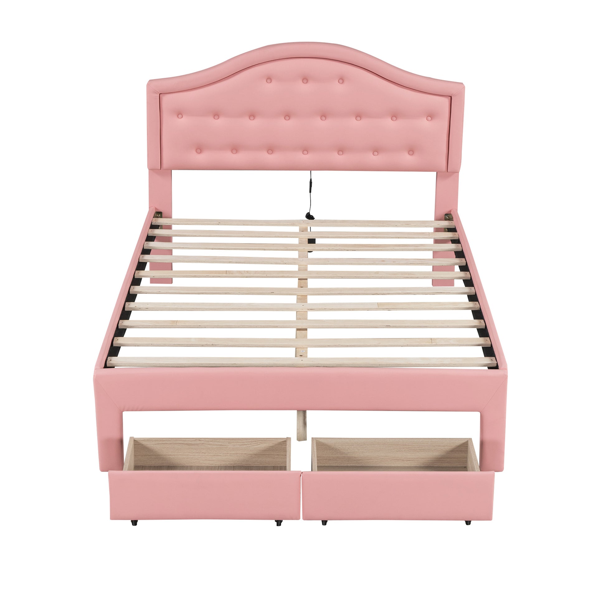 Full Size Upholstered Platform Bed With Tufted Headboard, Led And 2 Drawers, Pink Box Spring Not Required Full Pink Wood Bathroom Bed Frame Faux Leather Upholstered