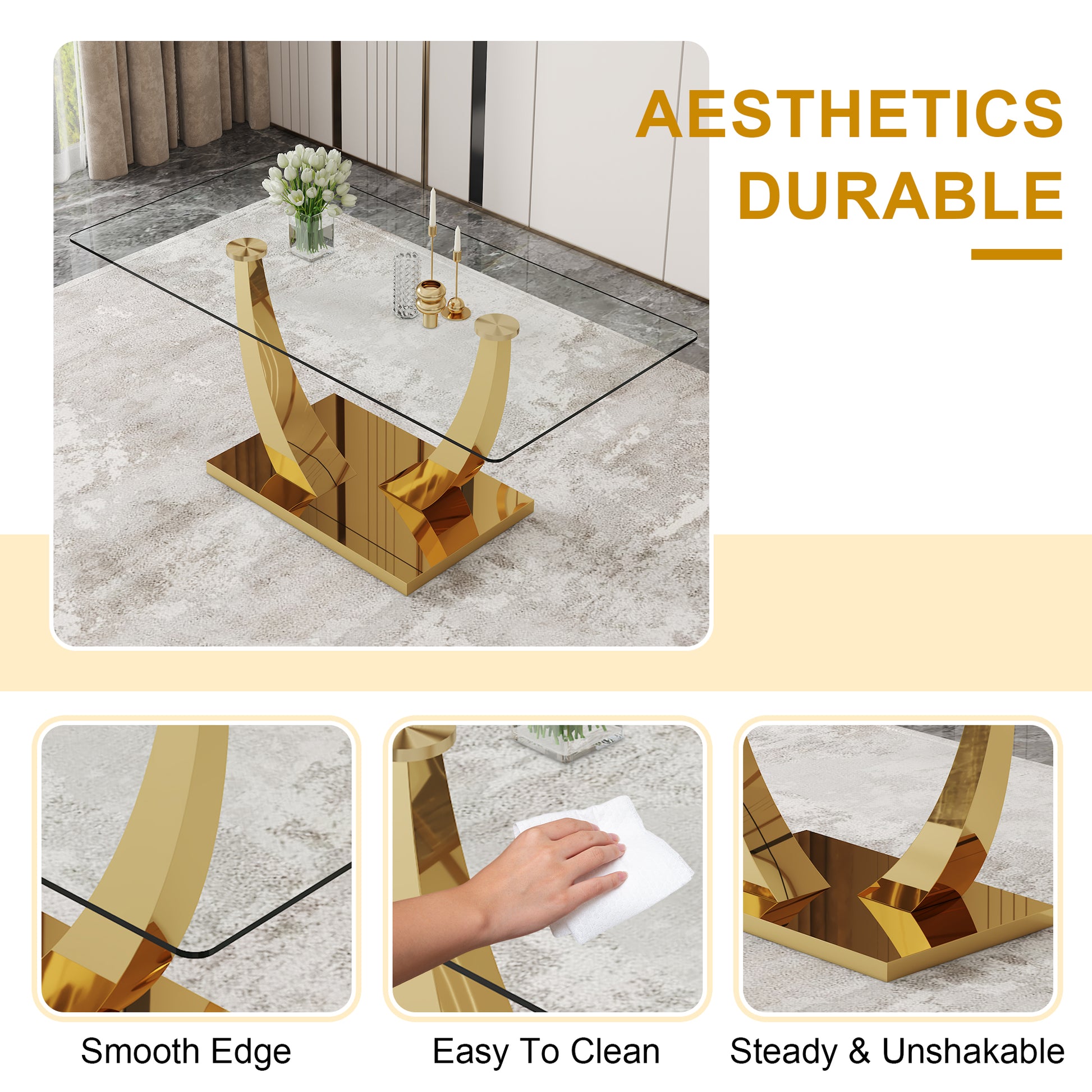 Modern Simple Rectangular Dining Table With Clear Glass Top And Smooth Gold Legs. Suitable For Kitchen, Dining Room And Living Room. Golden Glass