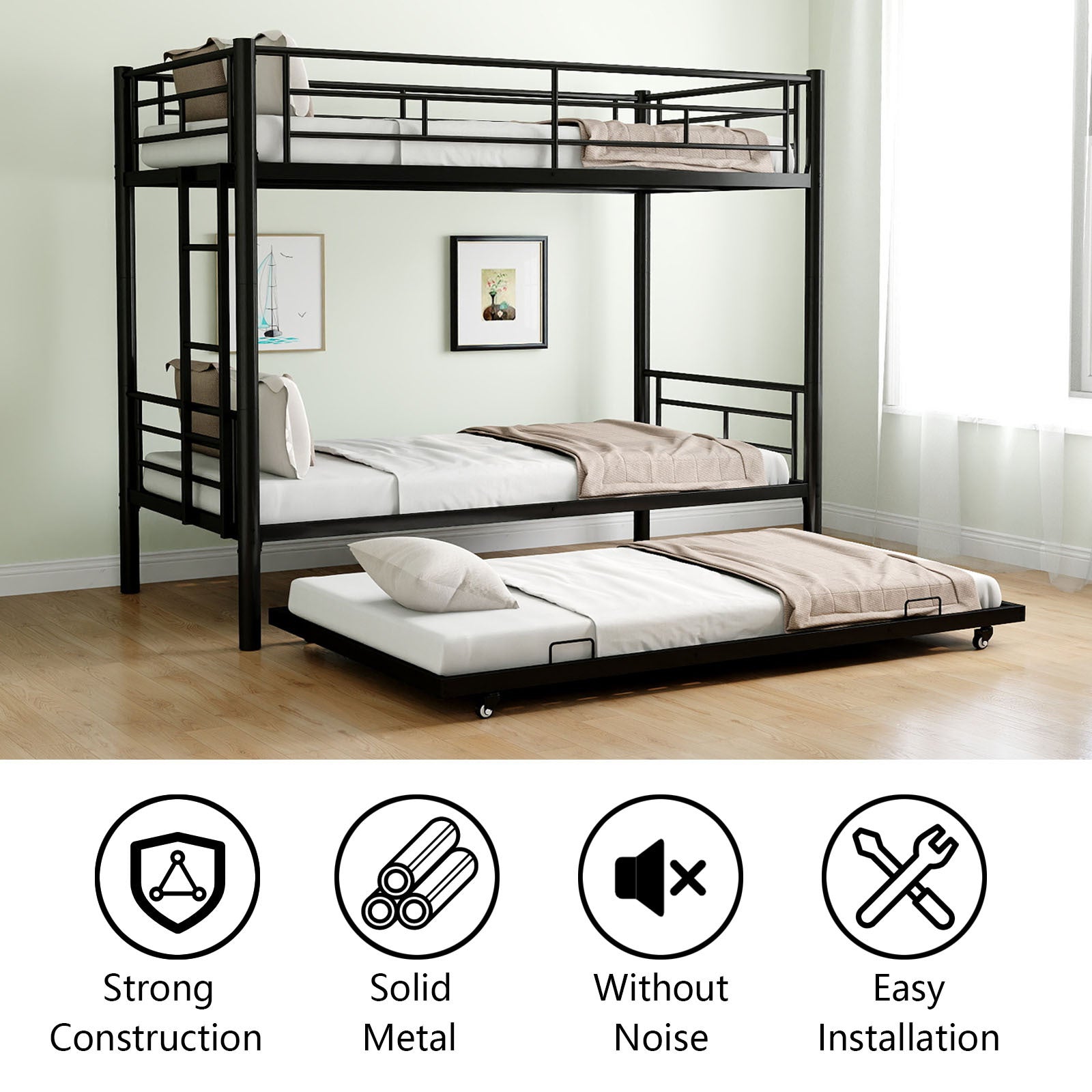 Heavy Duty Sturdy Meta Twin Over Twin Bunk Bed L Noise Reduced Safety Guardrail No Box Spring Needed,Black Twin Black Metal