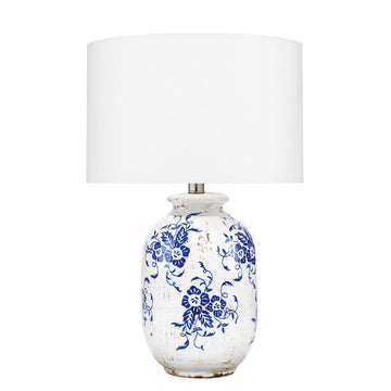 Table Lamp With Floral Pattern Ceramic Vase Base, White White Ceramic