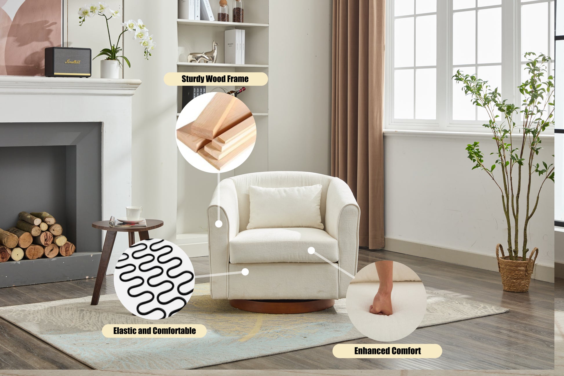 Swivel Accent Chair For Living Room, Sofa Chairs With Wood Base Side, Comfy Swivel Accent Chair With Wide Upholstered, For Living Room White Foam Chenille