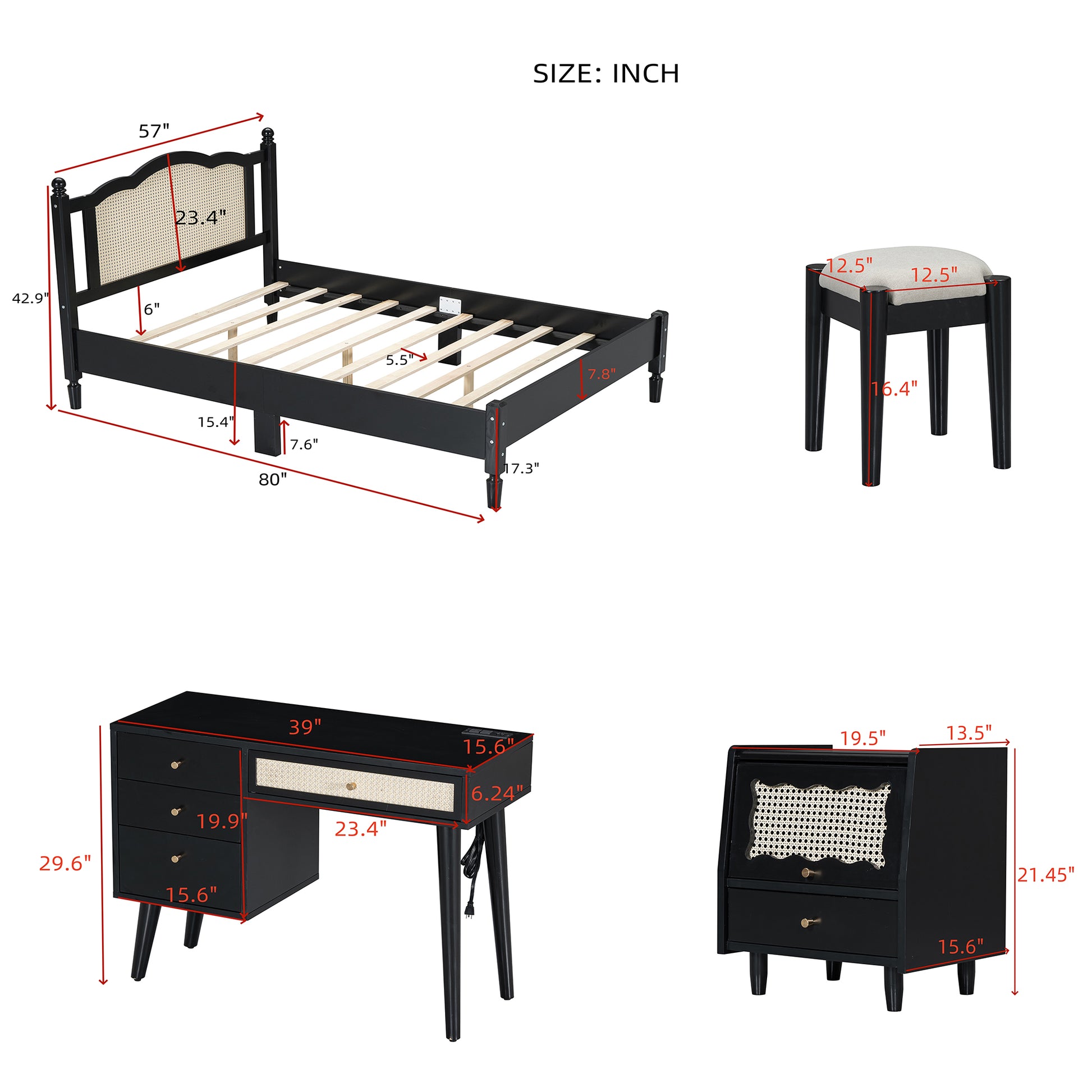 3 Pieces Bedroom Set With Full Size Wooden Bed Frame, 1 Vintage Nightstand And 1 Makeup Vanity Set With Stool,Black Full Black 3 Piece Set Wood