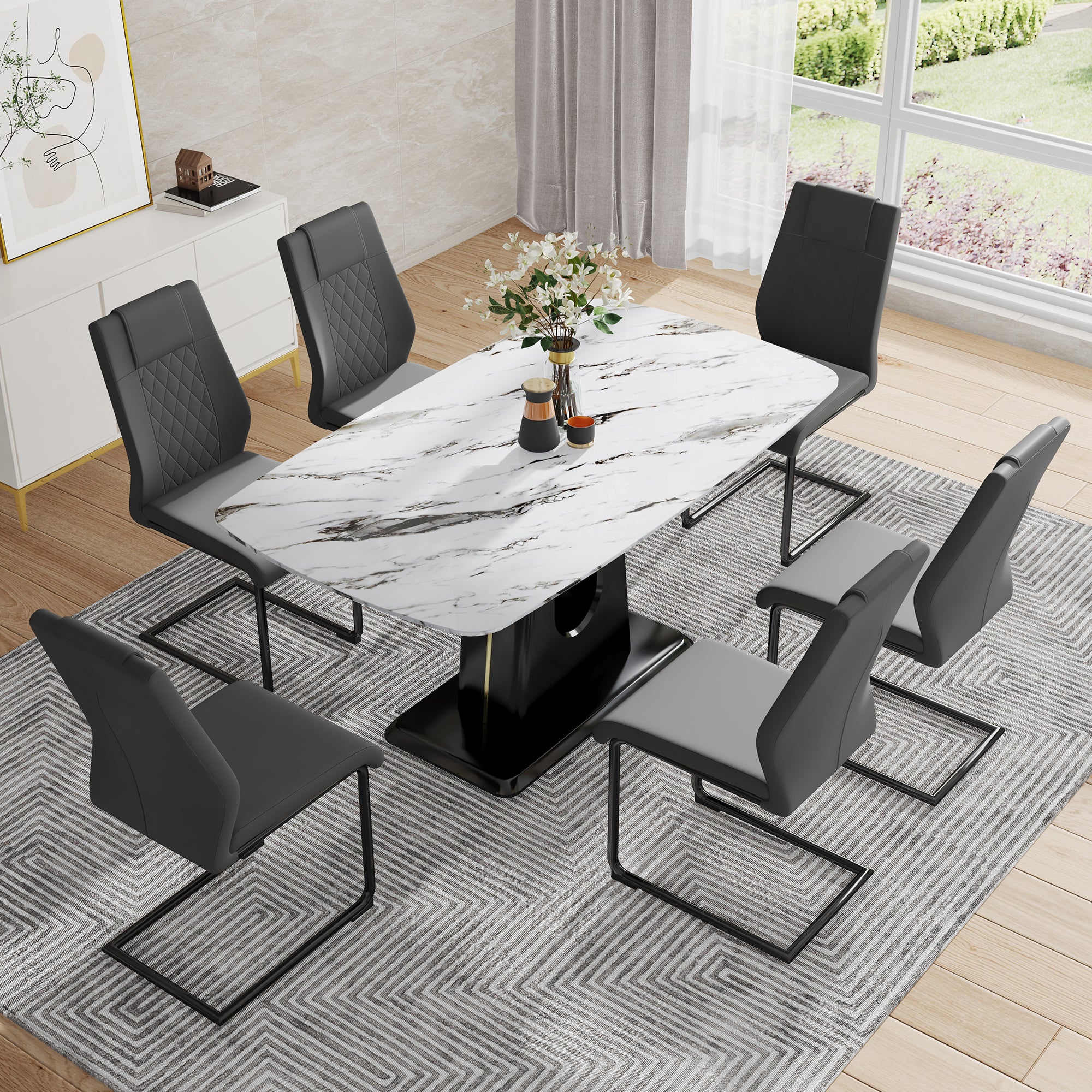 Table And Chair Set, Modern And Minimalist Dining Table, Imitation Marble Patterned Tabletop, Mdf Legs With U Shaped Brackets. Paired With Comfortable Chairs, Suitable For Dining And Living Rooms. Black Mdf Glass