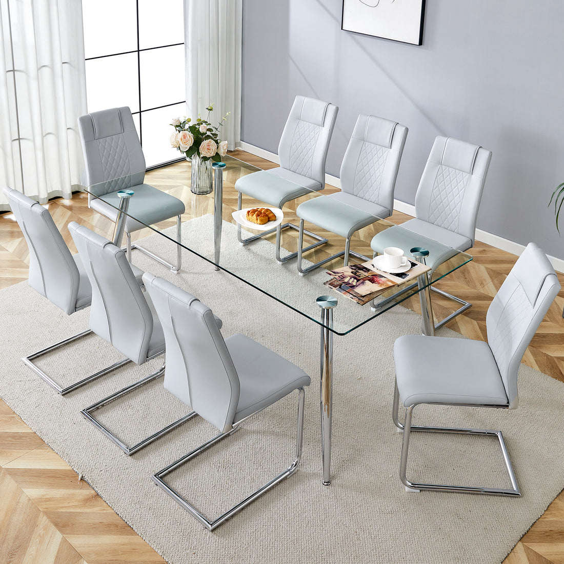 Table And Chair Set.Modern Rectangular Glass Dining Table With A Tempered Glass Tabletop And Silver Metal Legs, Paired With Multiple Chairs Designed With Pu Cushions And Silver Metal Legs. Gray Silver Seats 8 Tempered Glass