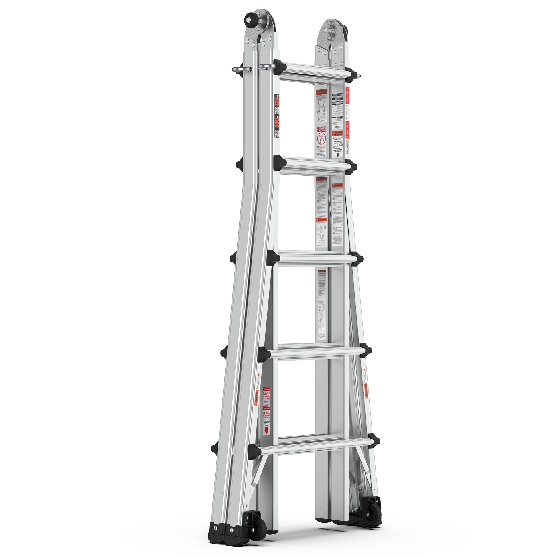 Aluminum Multi Position Ladder With Wheels, 300 Lbs Weight Rating, 22 Ft Metallic Grey Aluminium Alloy