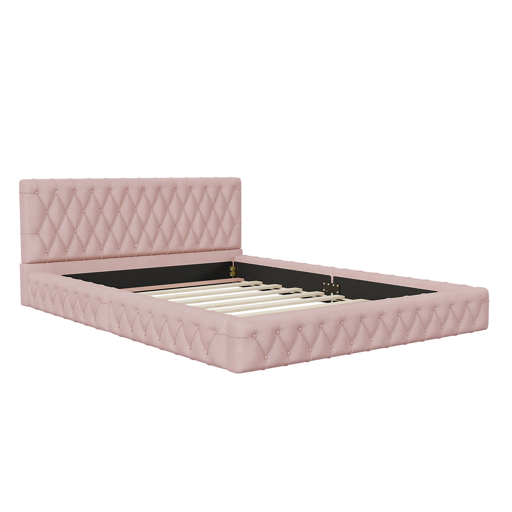 Queen Size Upholstered Bed With Tufted Headboard, Modern Velvet Platform Bedno Box Spring Required, Pink Queen Pink Solid Wood Mdf