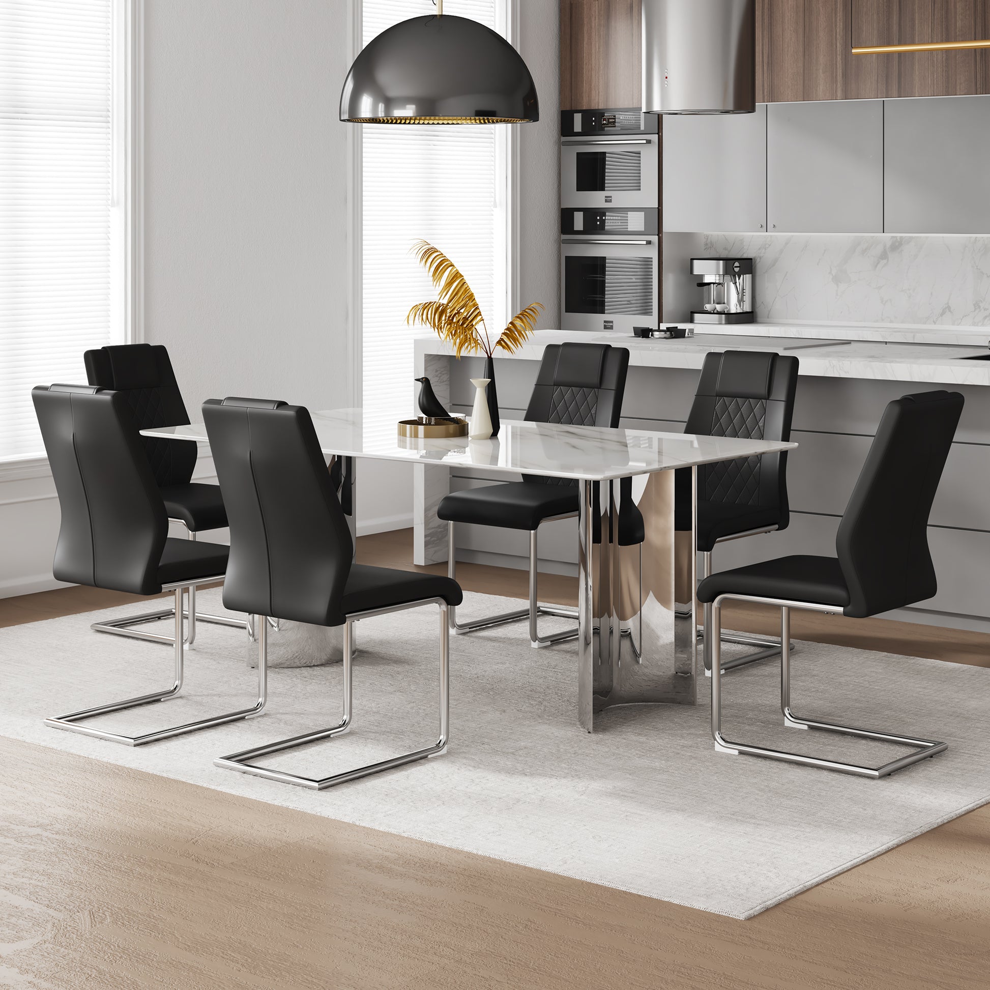 Table And Chair Set, Modern And Minimalist Dining Table. Imitation Marble Glass Sticker Desktop, Stainless Steel Legs, Stable And Beautiful. Comfortable Pu Seats. Dt 69 Silver Glass