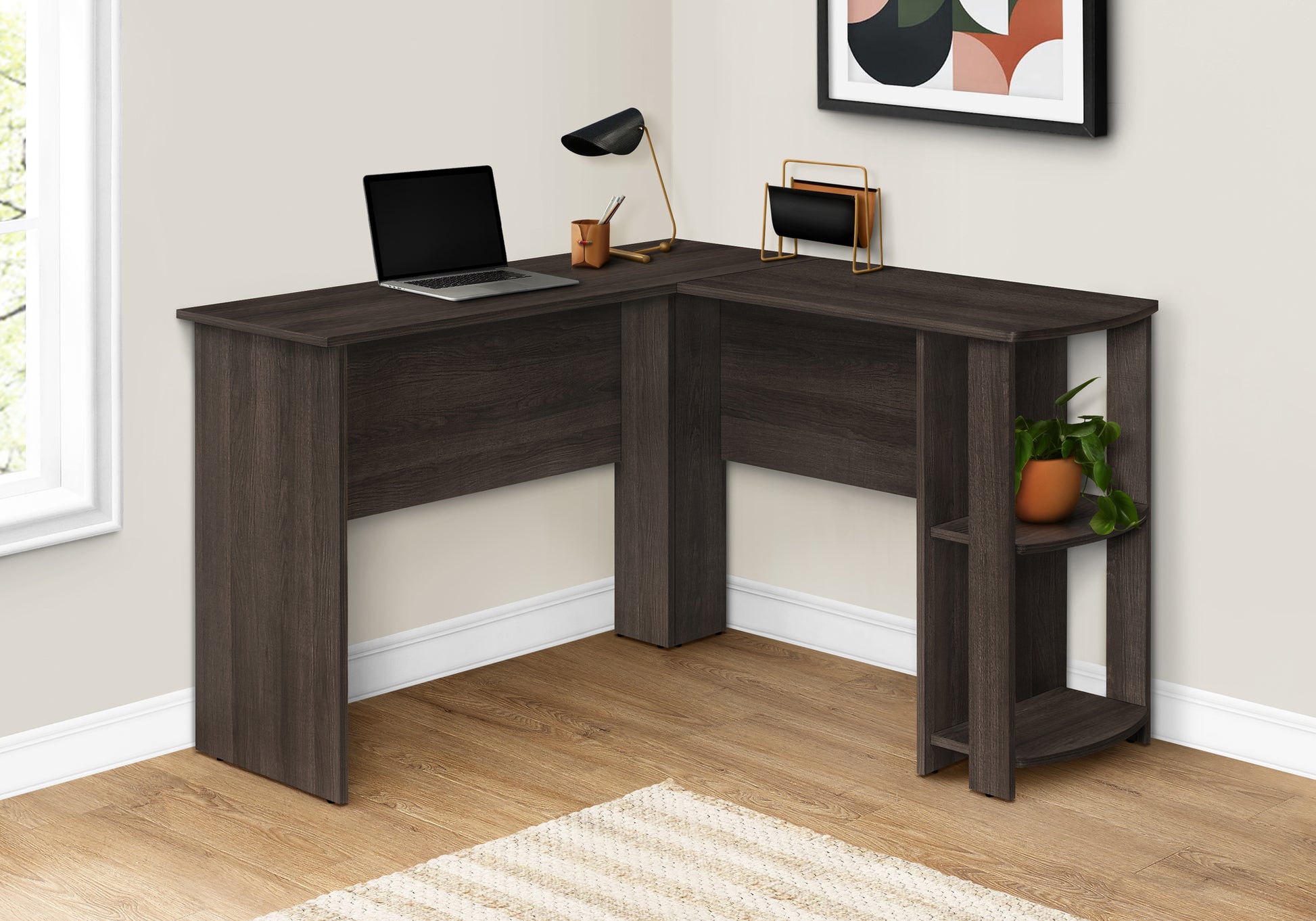 Computer Desk, Home Office, Corner, Storage Shelves, 48"L, L Shape, Work, Laptop, Brown Laminate, Contemporary, Modern Oak Particle Board