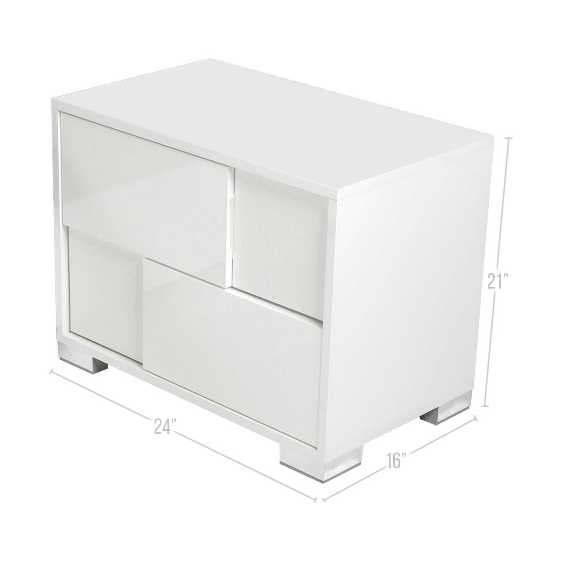 Cid Mina 24 Inch Nightstand, 2 Drawers, High Gloss Lacquer Finish, White White Wood