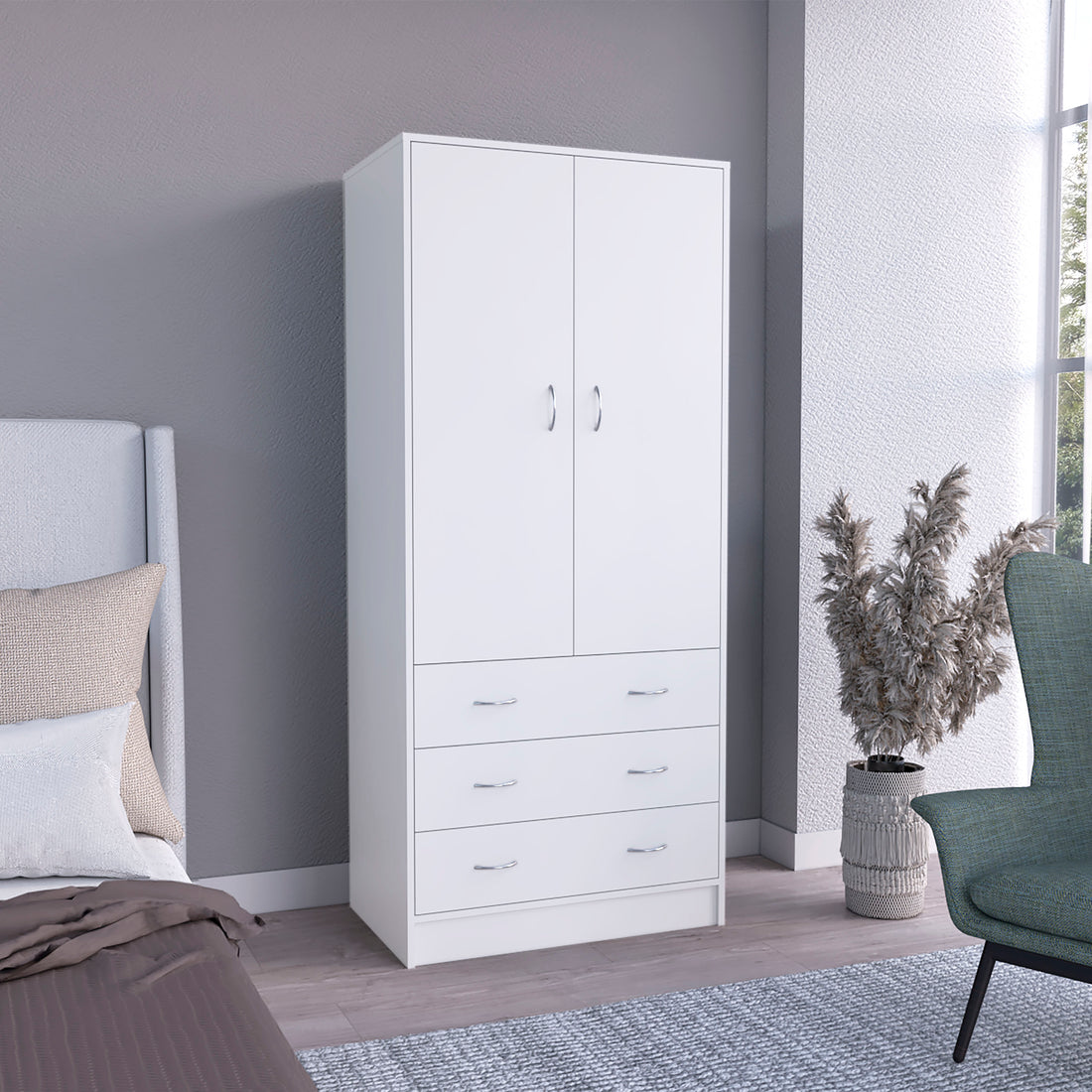 Taly Double Door Armoire White White Bedroom Modern Particle Board