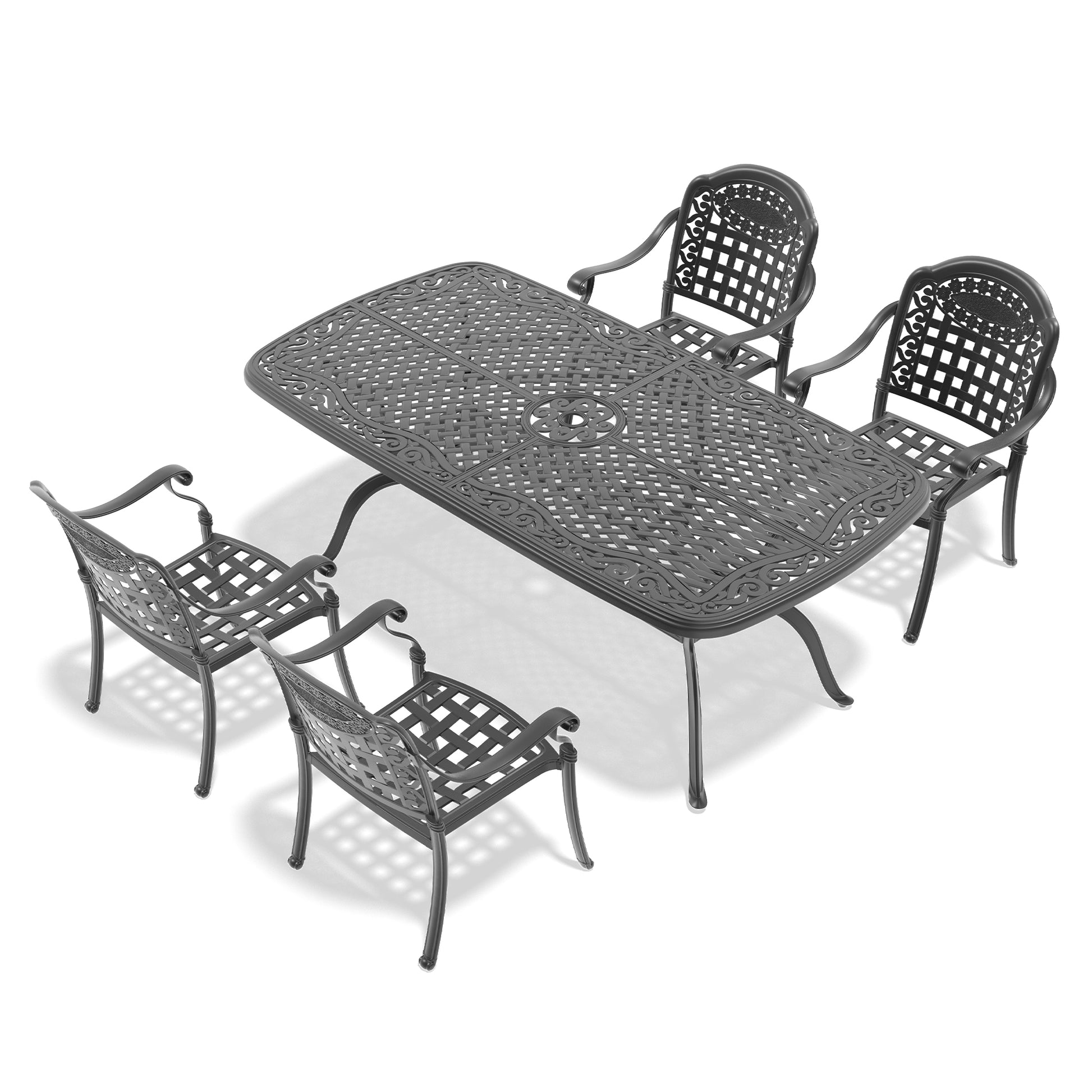 Cushions In Random Colors 5 Piece Set Of Cast Aluminum Patio Furniture With Cushions Yes Dining Set Black Seats 4 Rust Resistant Frame Water Resistant Cushion Garden & Outdoor Complete Patio Sets Aluminium