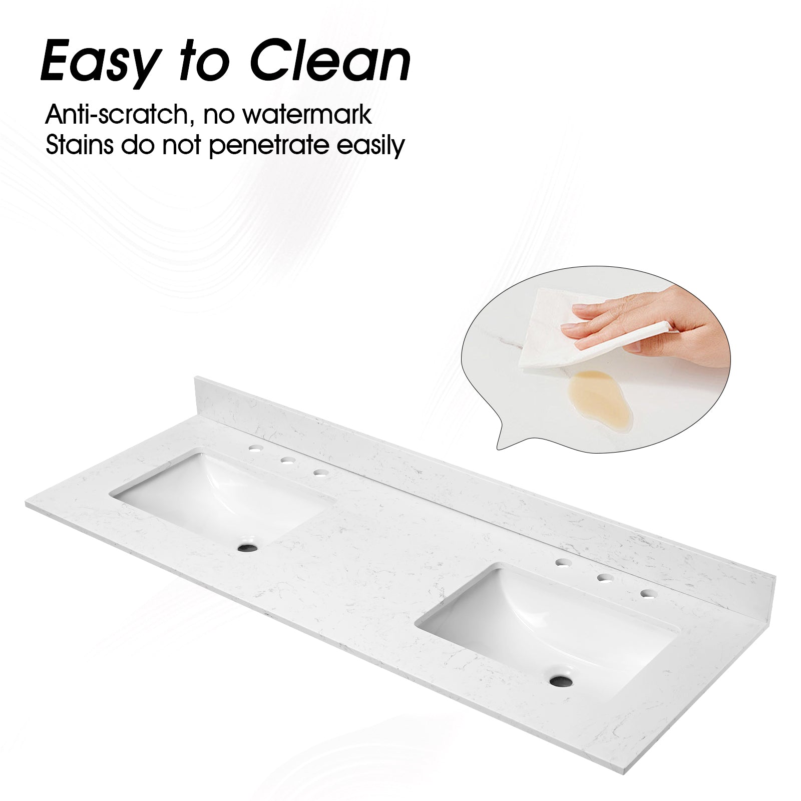 60"X 22" Bathroom Stone Vanity Top Engineered Color With Undermount Ceramic Sink And 3 Faucet Hole With Backsplash White Bathroom Stone