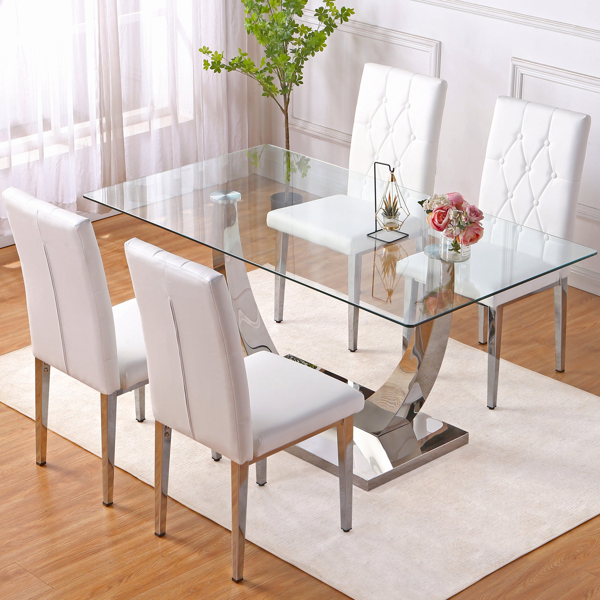 Table And Chair Set, Modern Dining Table, Tempered Glass Tabletop And Silver Colored Leg Table, Soft And Comfortable Dining Chair, Perfect For Dinner, Meetings, Home And Office Decor White Glass