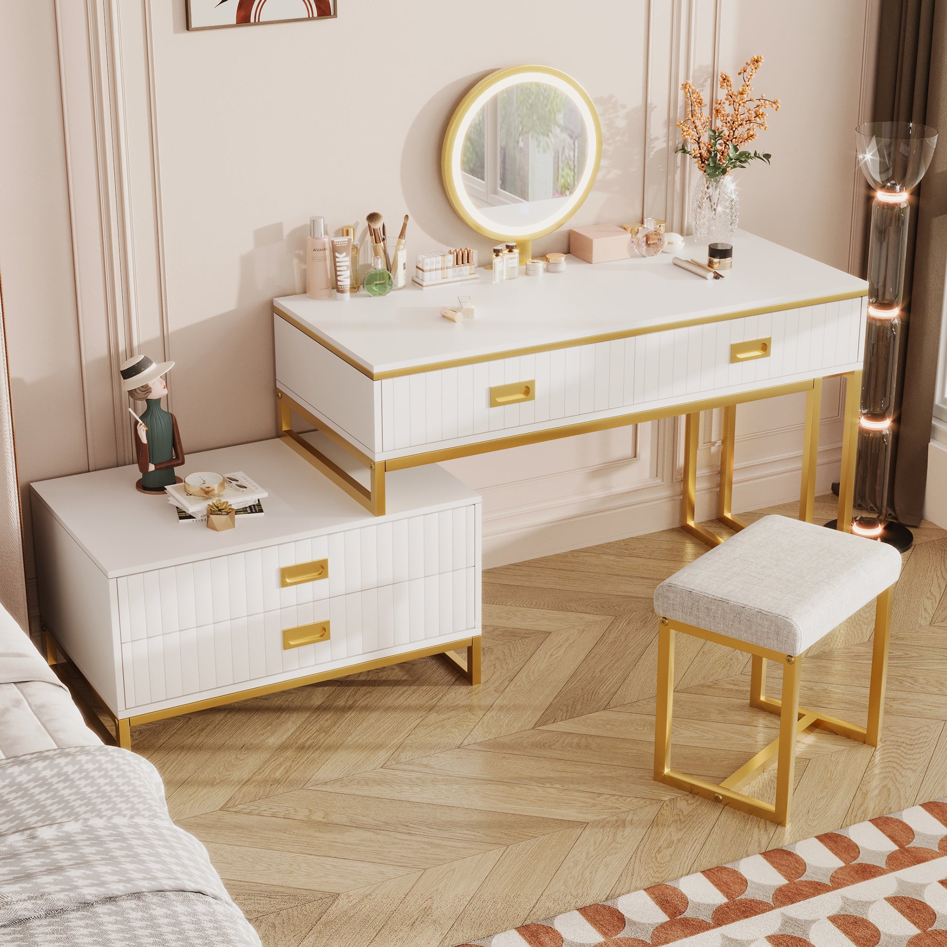 Modern Style Vanity Table With Movable Side Cabinet And 4 Drawers, Large Size Dressing Table With Mirror And 3 Colors Led Light, Makeup Table With Stool, White, Lden Legs Gold White 4 Drawers Mdf Metal