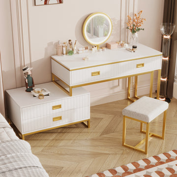 Modern Style Vanity Table With Movable Side Cabinet And 4 Drawers, Large Size Dressing Table With Mirror And 3 Colors Led Light, Makeup Table With Stool, White, Lden Legs Gold White 4 Drawers Mdf Metal