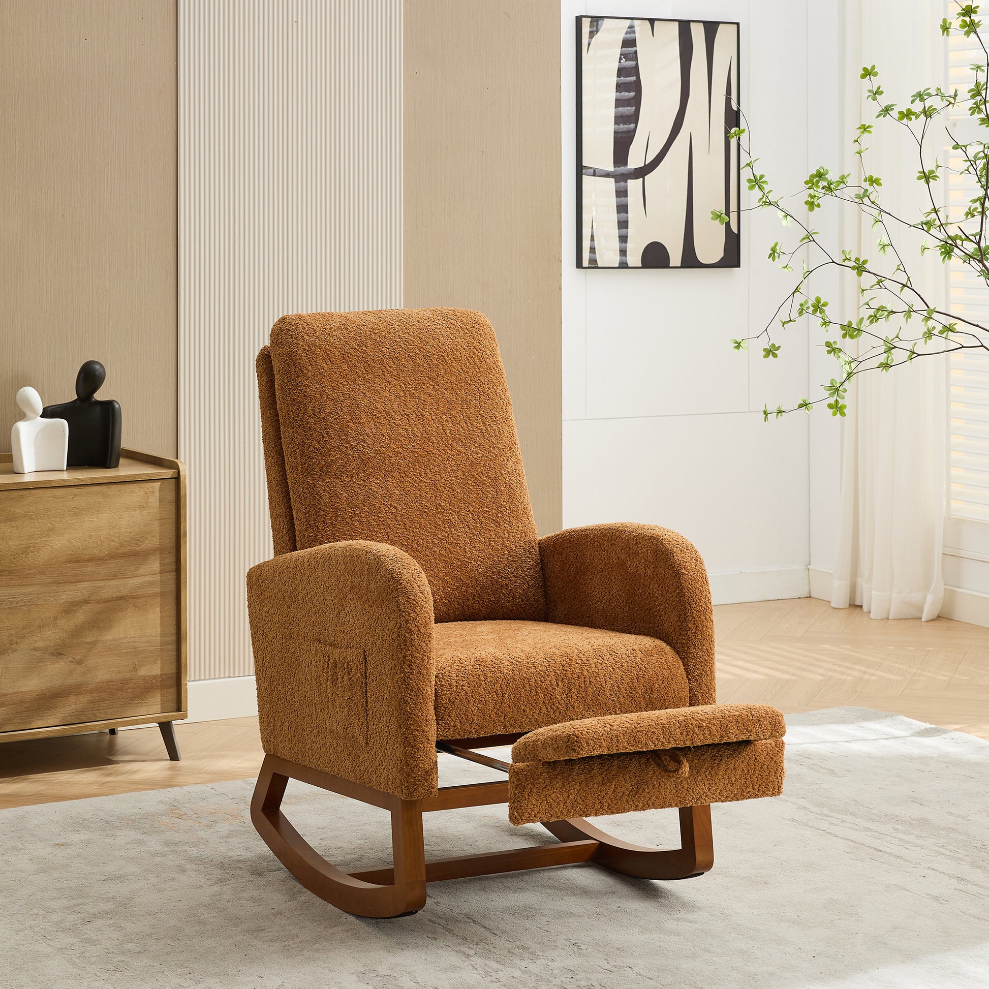 25.4"W Rocking Chair For Nursery, High Back Glider Chair With Retractable Footrest, Side Pocket, Rocking Accent Armchair With Rubber Wood Legs For Living Room Bedroom.Caramel Caramel Boucle