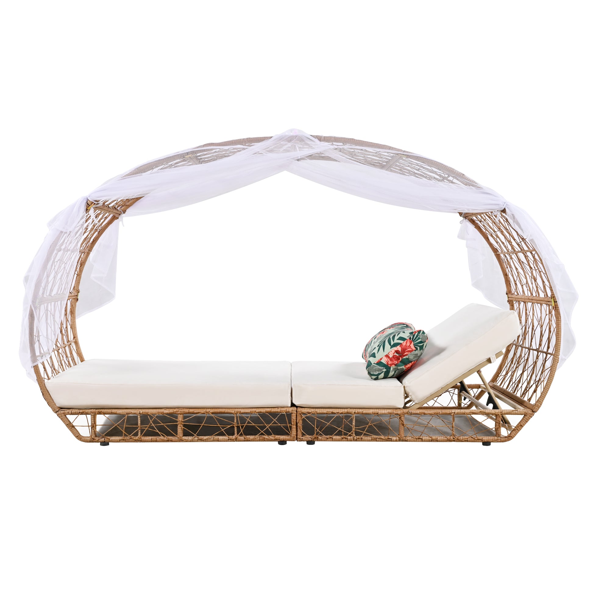 90.55" Outdoor Patio Daybed With Curtain, Sunbed With Cushion And Colorful Pillow, Wicker Lounge Chairs Backrest Adjustable Recliners For Pool Garden Backyard, Beige Cushion, Natural Wicker Yes