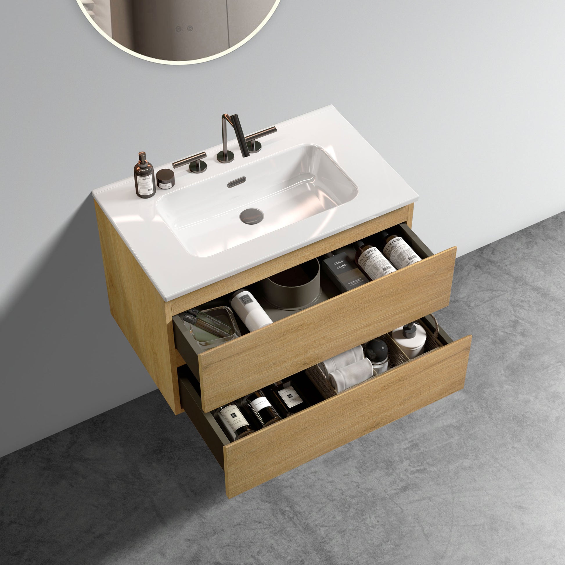 Wall Mount 30" Natural Oak Bathroom Vanity With Ceramic Sink With Three Faucet Holes, Large Storage Floating Bathroom Vanity For Modern Bathroom, Pre Assembled Oak Bathroom Modern Ceramic Mdf