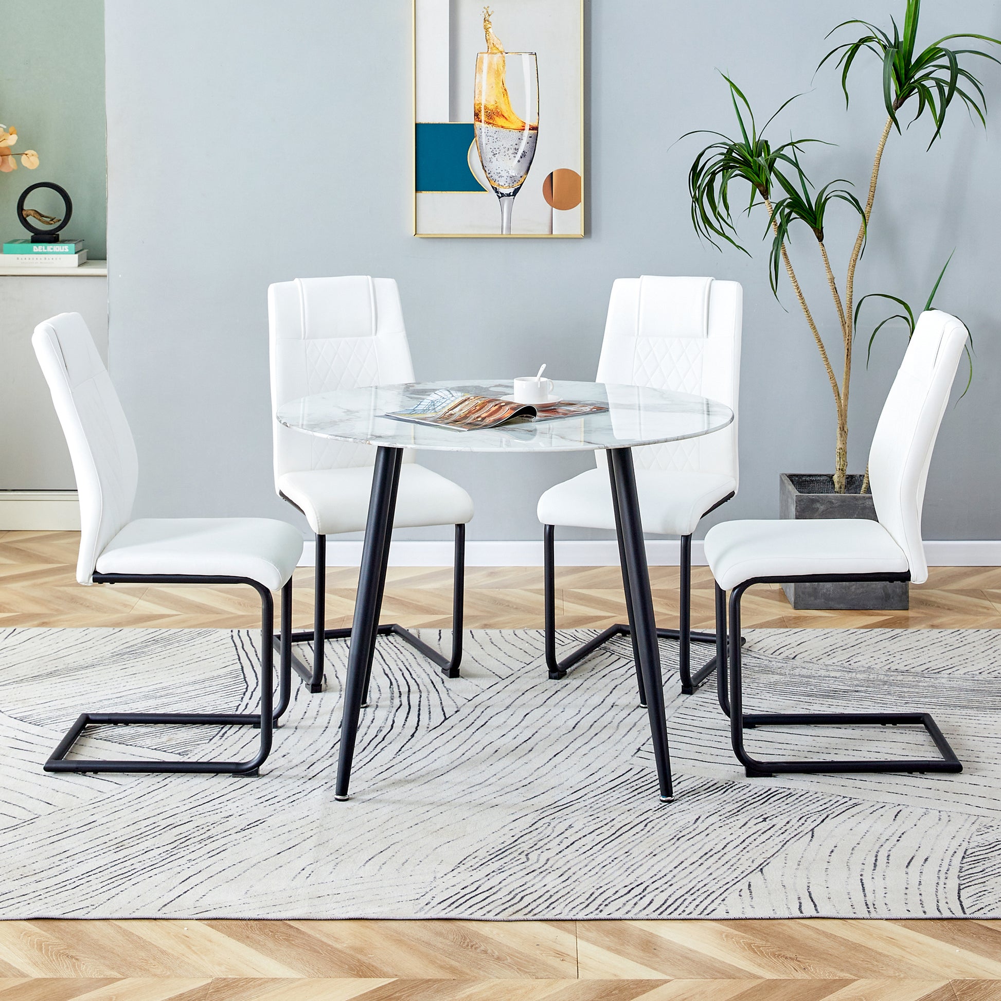 Table And Chair Set. Large Modern White Imitation Marble Patterned Round Table With Black Metal Legs. Nice Minimalism, Comfortable Seats And Black Metal Legs. White Black Seats 4 Glass Metal