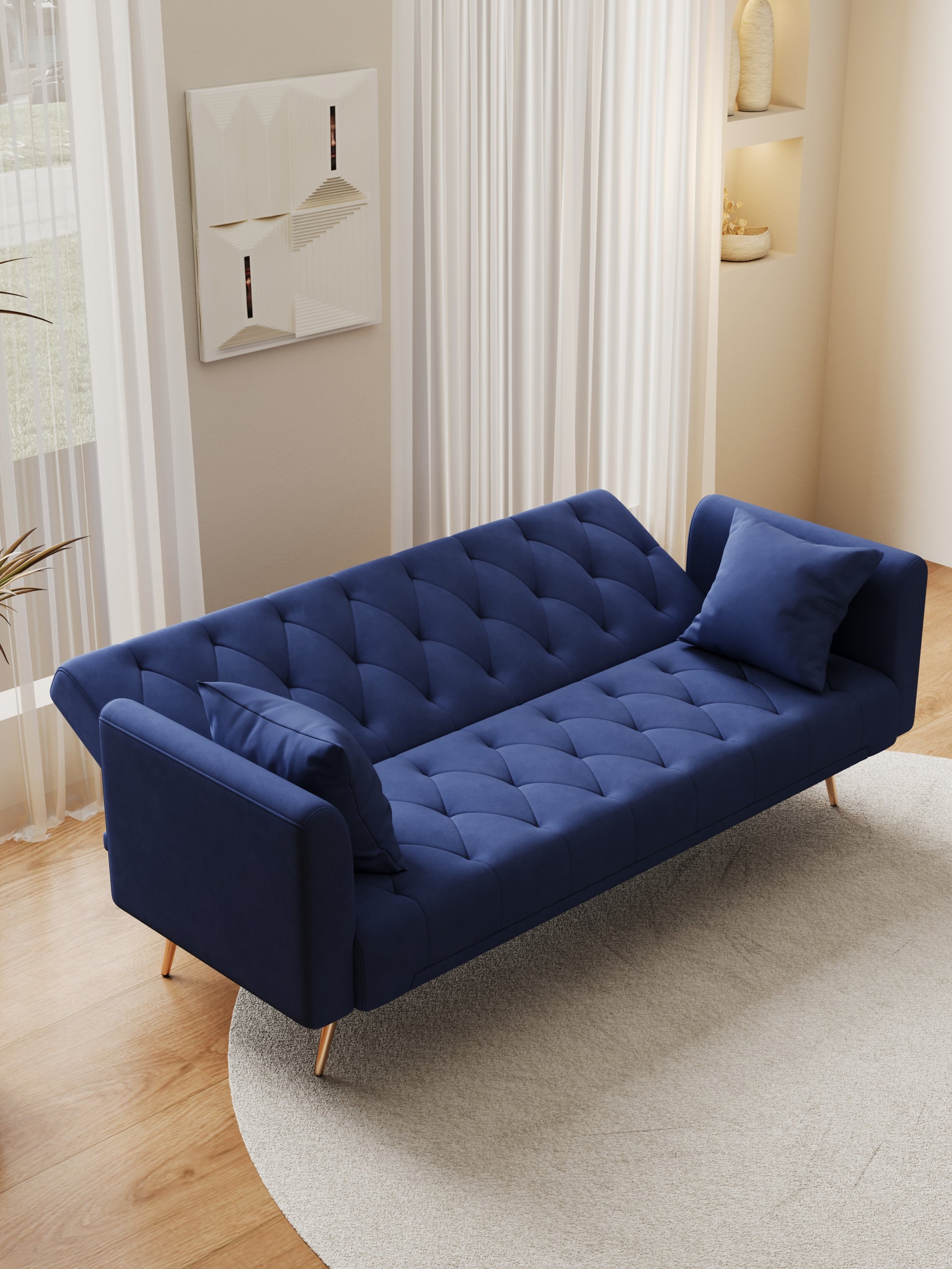 71 Inch Convertibleseat Sofa, American Retro Blue Velvet Material, Suitable For Small Living Room, Bedroom, Office Blue Velvet 2 Seat