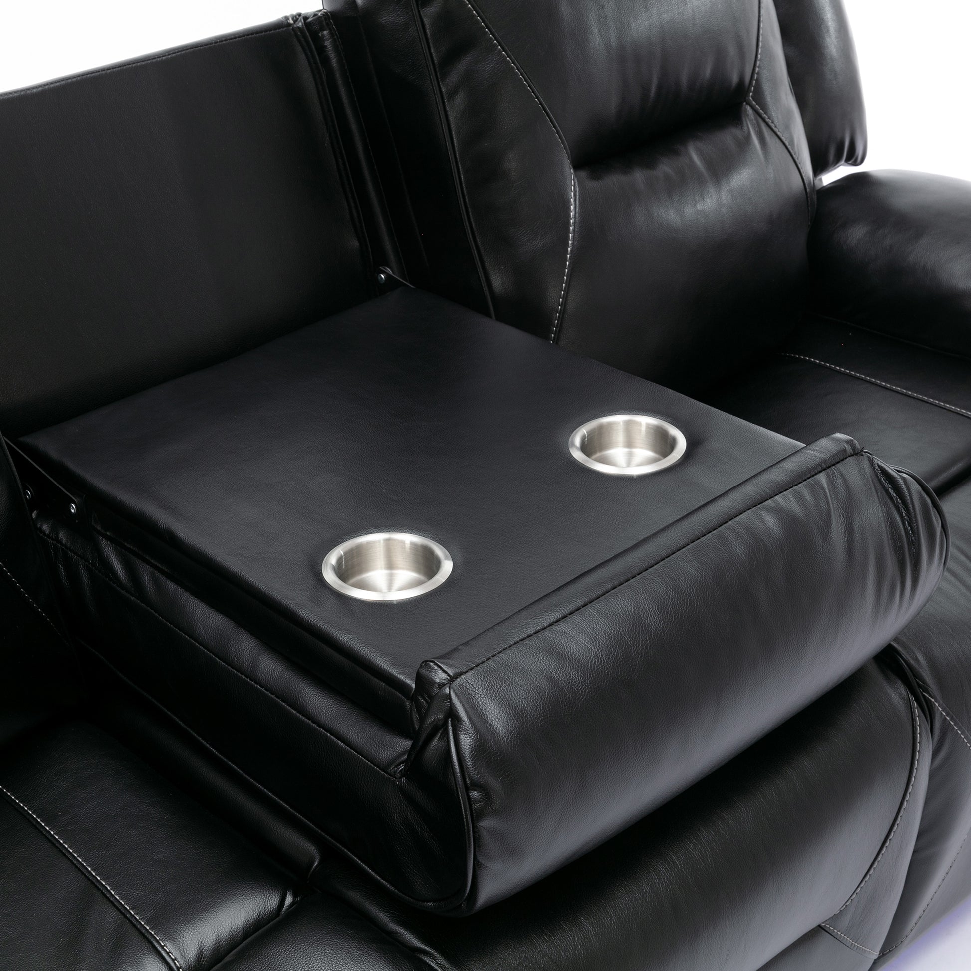 3 Seater Home Theater Recliner Manual Recliner Chair With A Led Light Strip Two Built In Cup Holders For Living Room,Bedroom, Black Black Foam Pu