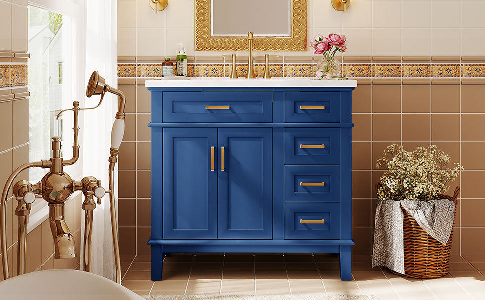 36 Inch Bathroom Vanity With Resin Sink, Modern Bathroom Cabinet In Blue, Featuring Two Soft Close Doors And Four Drawers Blue Bathroom Solid Wood Mdf Resin