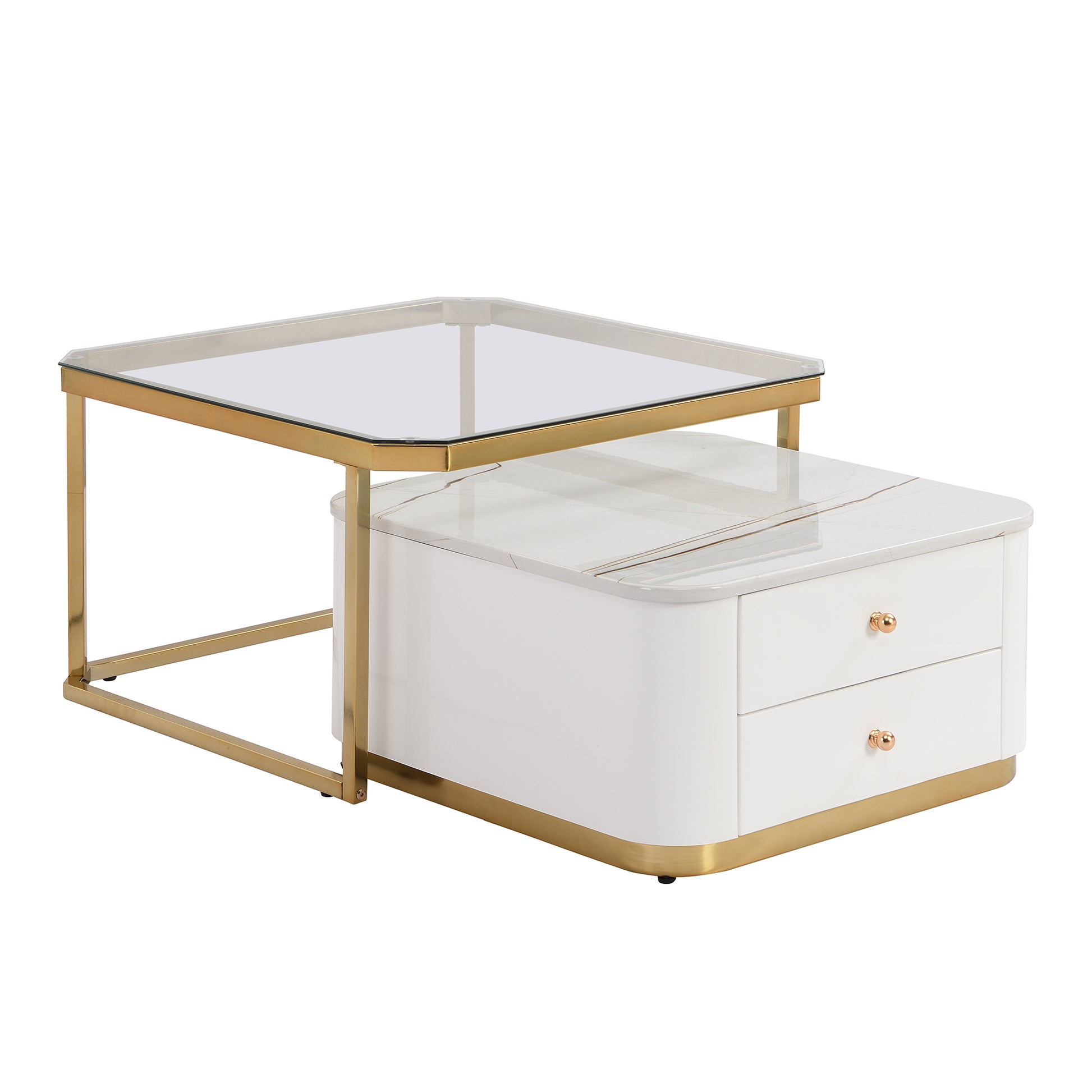 Modern 2 Pieces White Square Nesting Coffee Table With Drawers & Electroplated Gold Legs In 27.6'' Golden White Square Drawers Coffee & End Tables Glossy Square Mdf Glass Mdf Pedestal