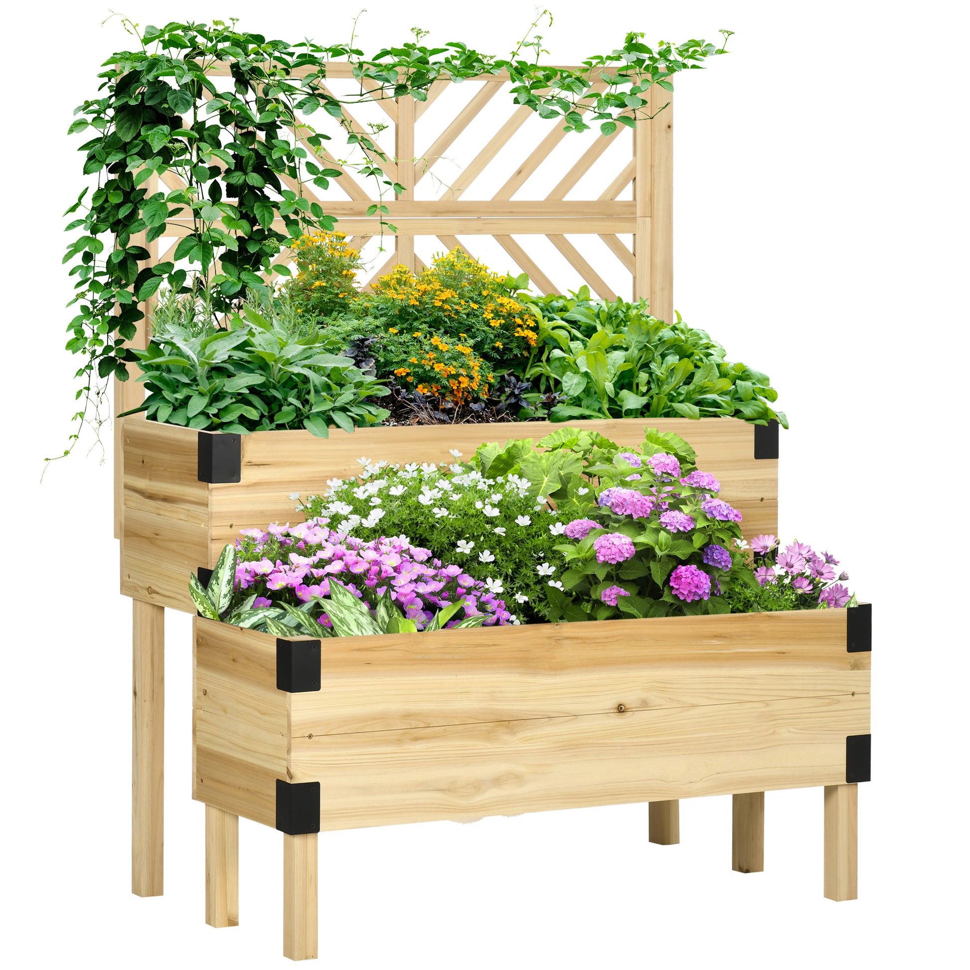 Outsunny Raised Garden Bed With Trellis, 2 Tier Wooden Elevated Planter Box With Legs And Metal Corners For Vegetables, Flowers, Herbs, Natural Natural Wood Wood