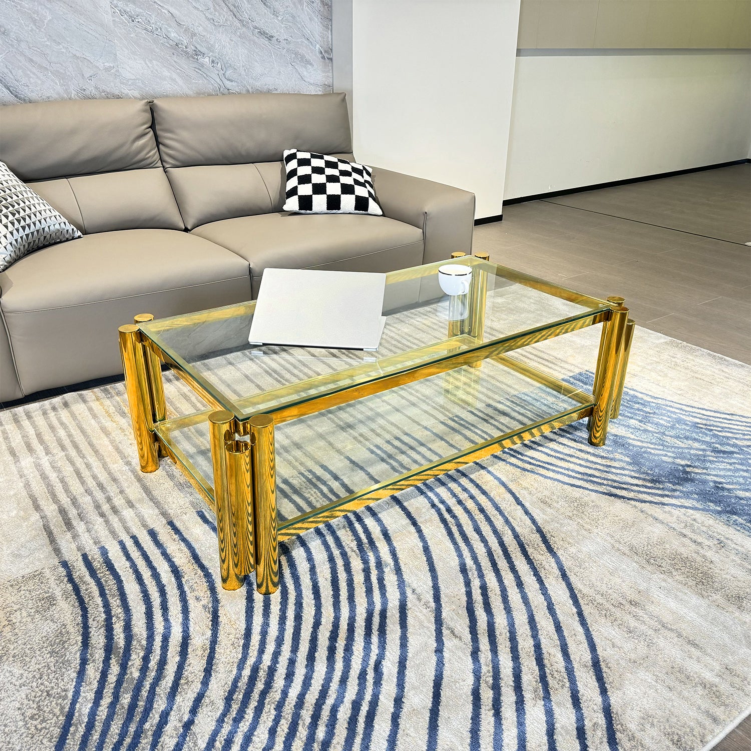 Golden Stainless Steel Double Layer Clear Tempered Glass Coffee Table For Bed Room, Living Room Gold Clear Modern Rectangular Stainless Steel,Tempered Glass