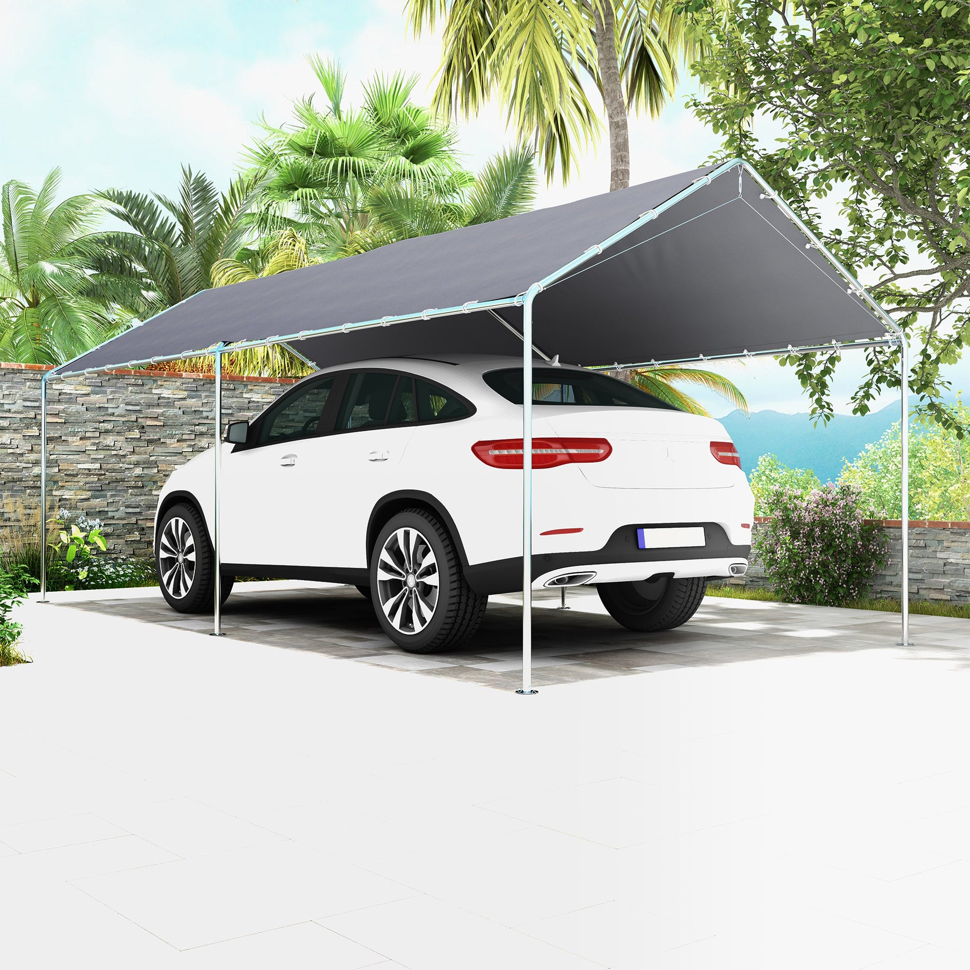 Outsunny 10'X20' Carport Heavy Duty Galvanized Car Canopy With Included Anchor Kit, 3 Reinforced Steel Cables, Grey Grey Steel