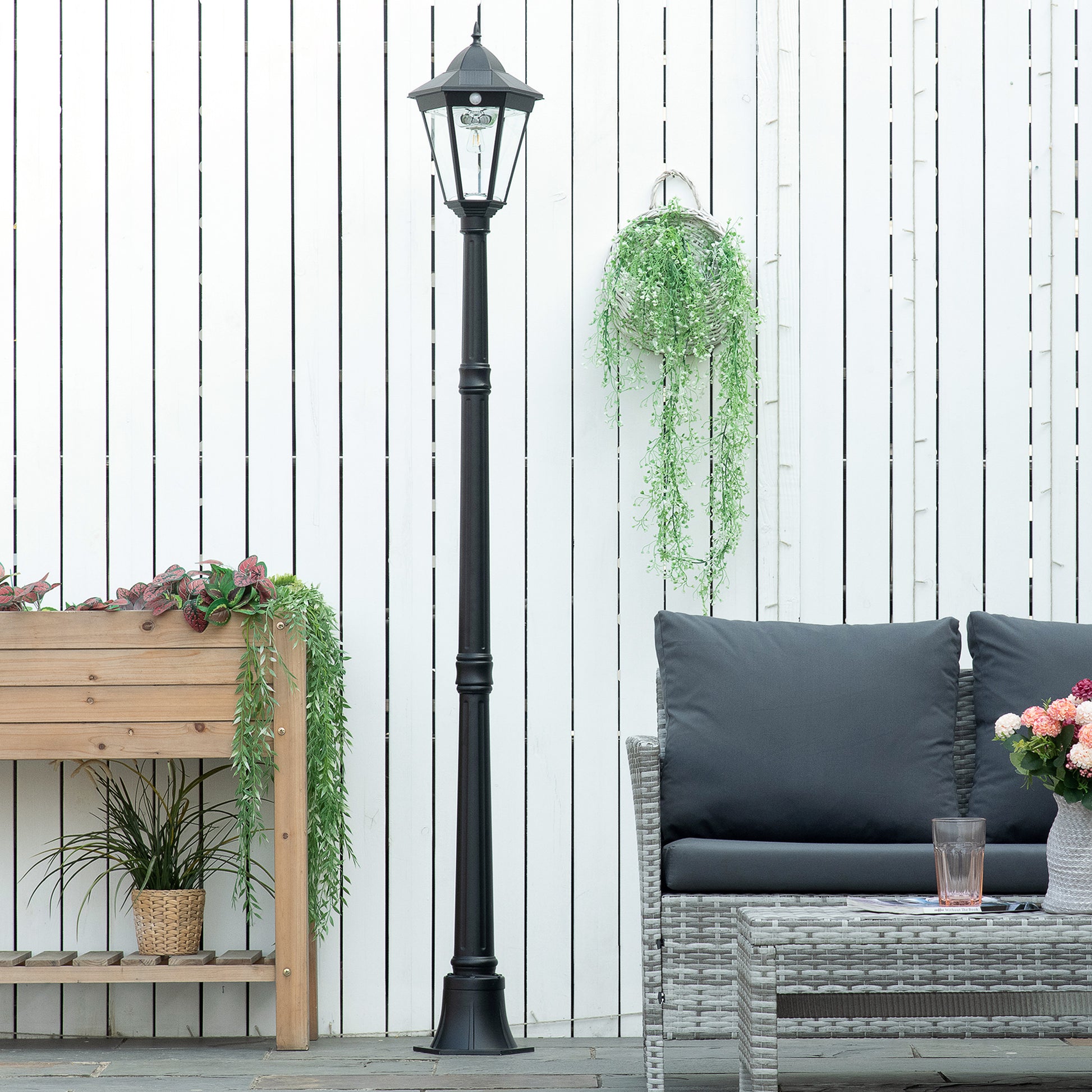 Outsunny 77" Solar Lamp Post Light, Waterproof Aluminum Outdoor Vintage Street Lamp, Motion Activated Sensor Pir, Adjustable Brightness, For Garden, Lawn, Pathway, Driveway, Black Black Aluminum