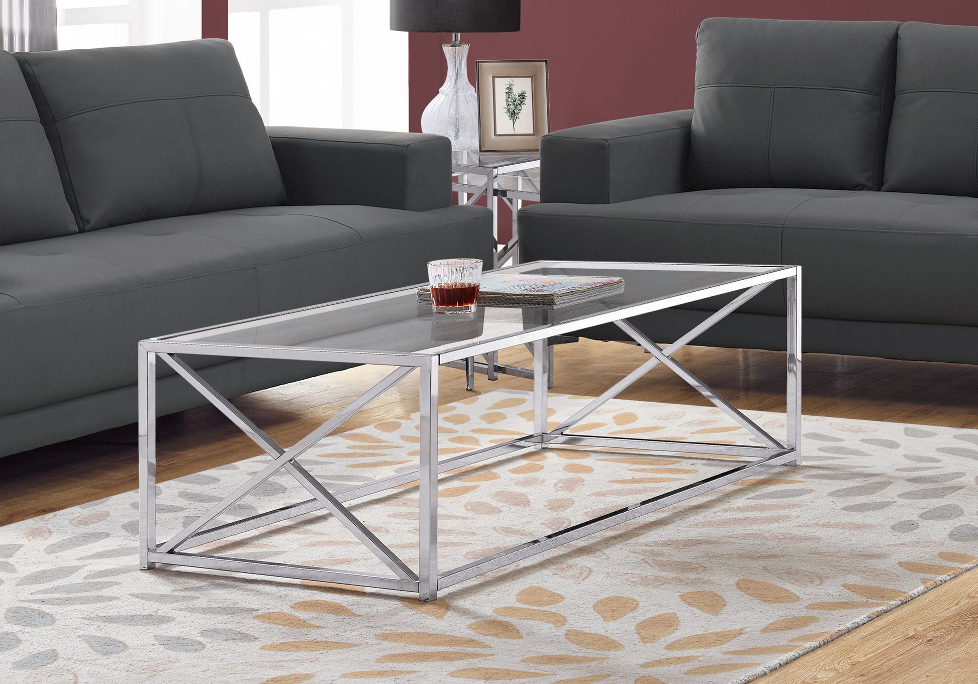 Coffee Table, Accent, Cocktail, Rectangular, Living Room, 44"L, Clear Tempered Glass, Chrome Metal, Contemporary, Modern Chrome Metal