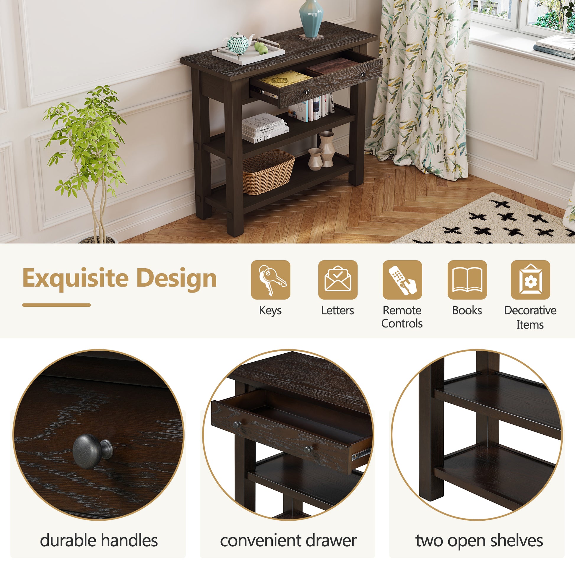 Retro Console Table With Drawer And Two Sturdy Shelves For Entryway, Living Room Espresso Espresso Mdf,Rubber Wood