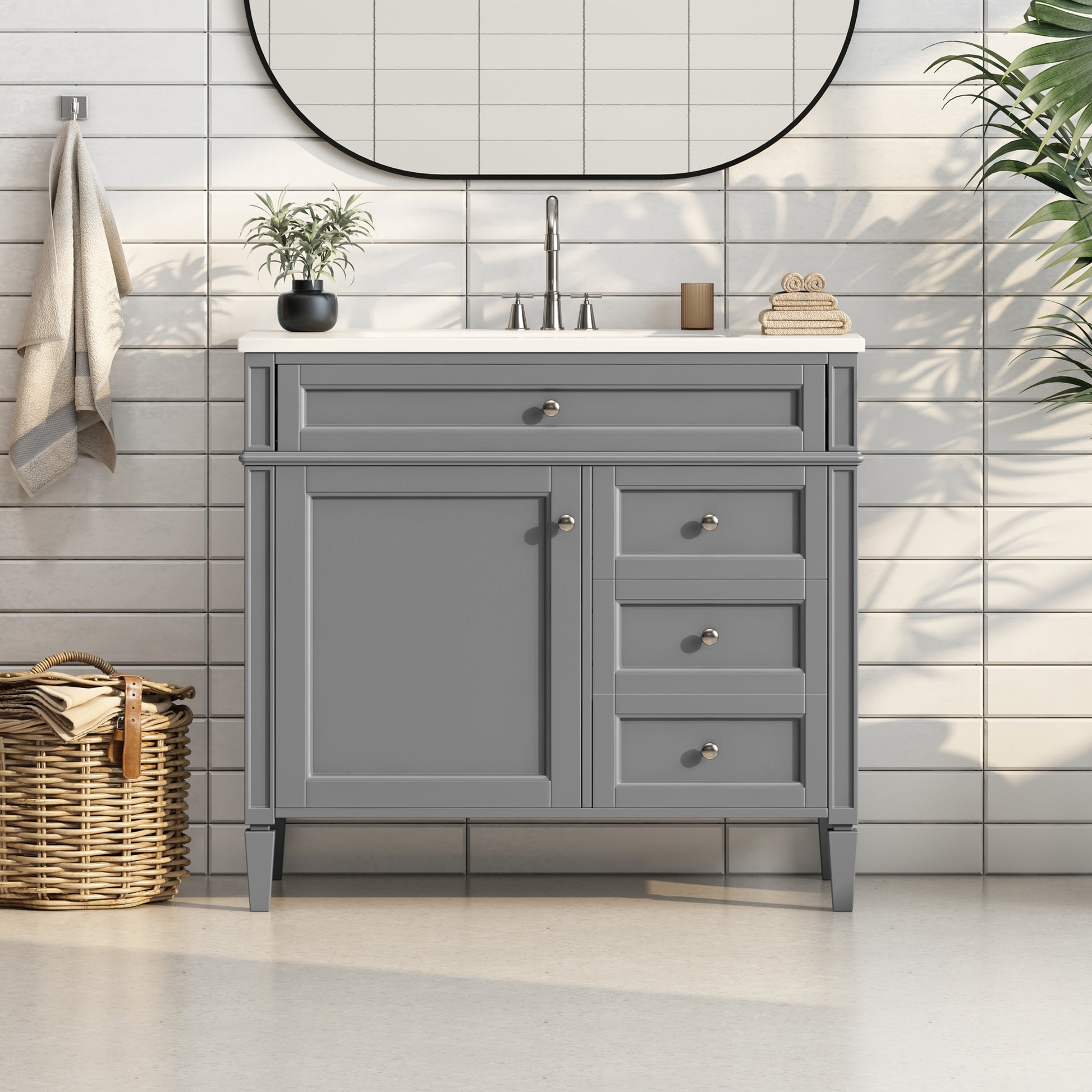 36'' Bathroom Vanity With Top Sink, Modern Bathroom Storage Cabinet With 2 Drawers And A Tip Out Drawer, Single Sink Bathroom Vanity Grey Bathroom Solid Wood Mdf Resin