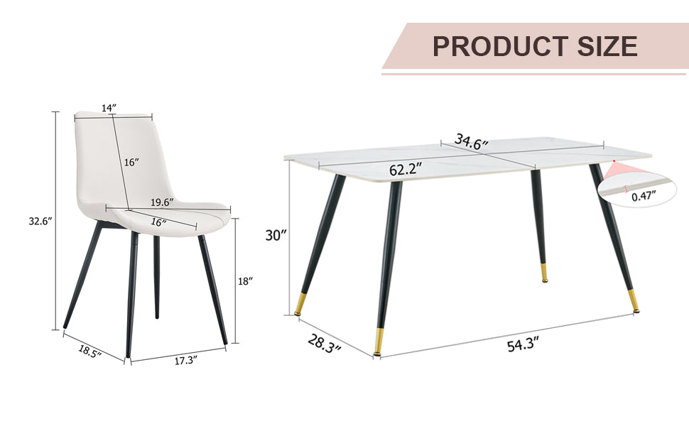 Table And Chair Set, White Imitation Marble Texture Rock Board Table Top, Black Metal Table Legs.Paired With 4 White Artificial Leather Backrest Cushion Dining Chairs With Black Metal Legs. White Black Seats 4 Metal