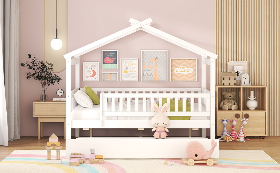 Full Size Wooden House Bed With Twin Size Trundle, White Full White Solid Wood Mdf