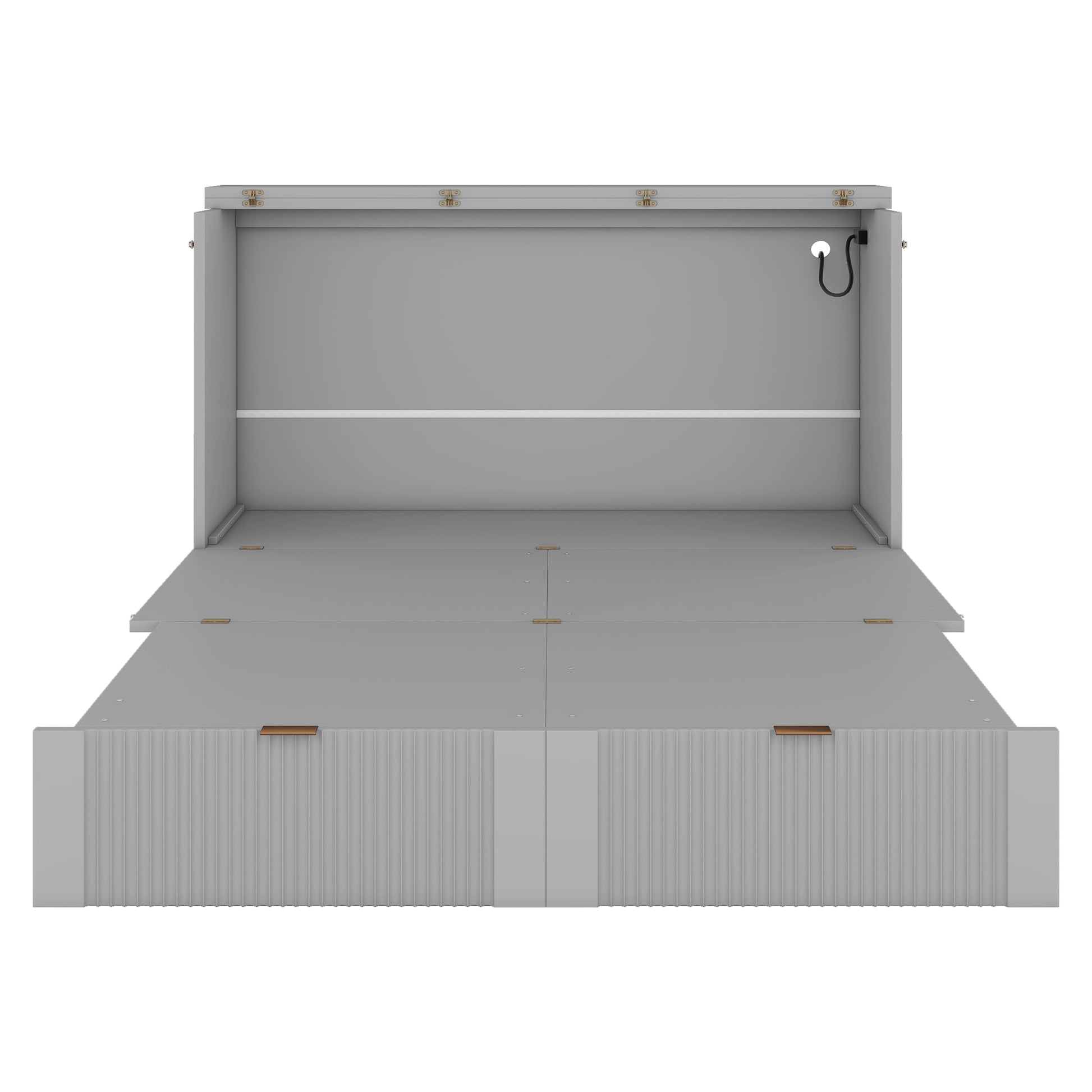 Full Size Murphy Bed With Drawer And A Set Of Sockets & Usb Ports, Pulley Structure Design, Gray Full Gray Plywood