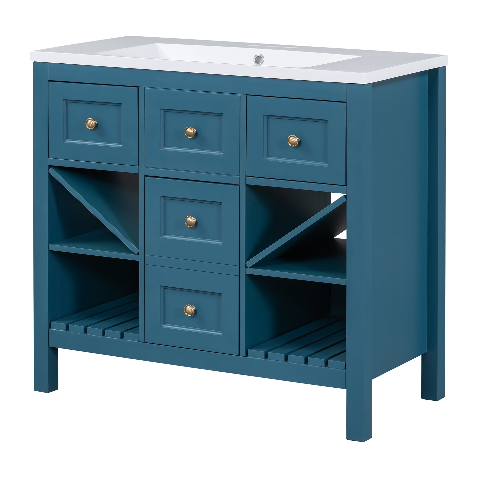 36'' Bathroom Vanity With Resin Sink Combo, Solid Wood Frame Bathroom Storage Cabinet, Freestanding Vanity Set With 5 Drawers& Soft Closing Doors Same As Sw000141Aam Blue Bathroom Solid Wood Mdf Resin