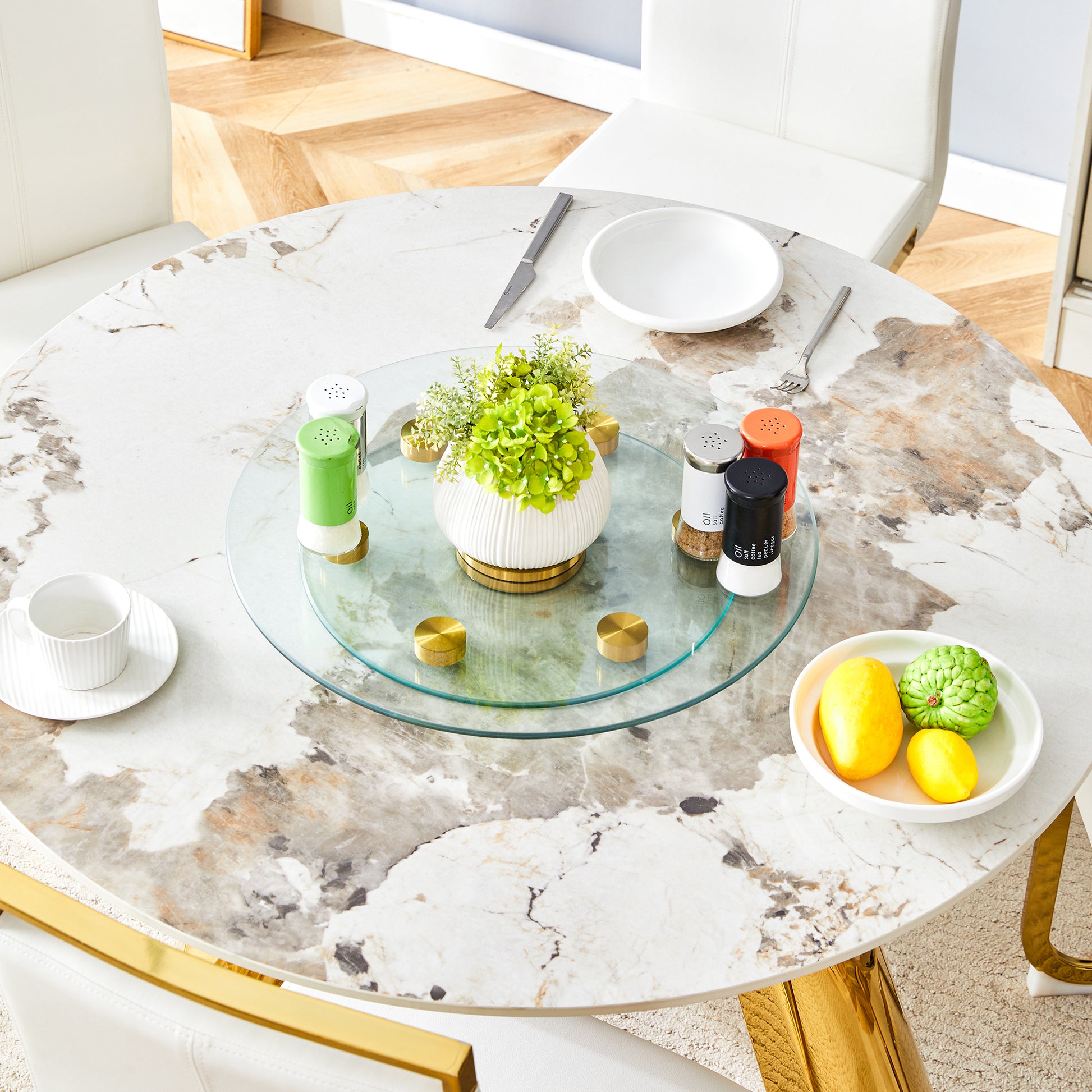 Double Layer Rotatable Round Glass.Golden Aluminum Plate,The Rotatable Design Makes It Convenient To Retrieve And Place Items.The Upper Glass Has A Diameter Of 20 Inches,The Lower Glass15 Inches.