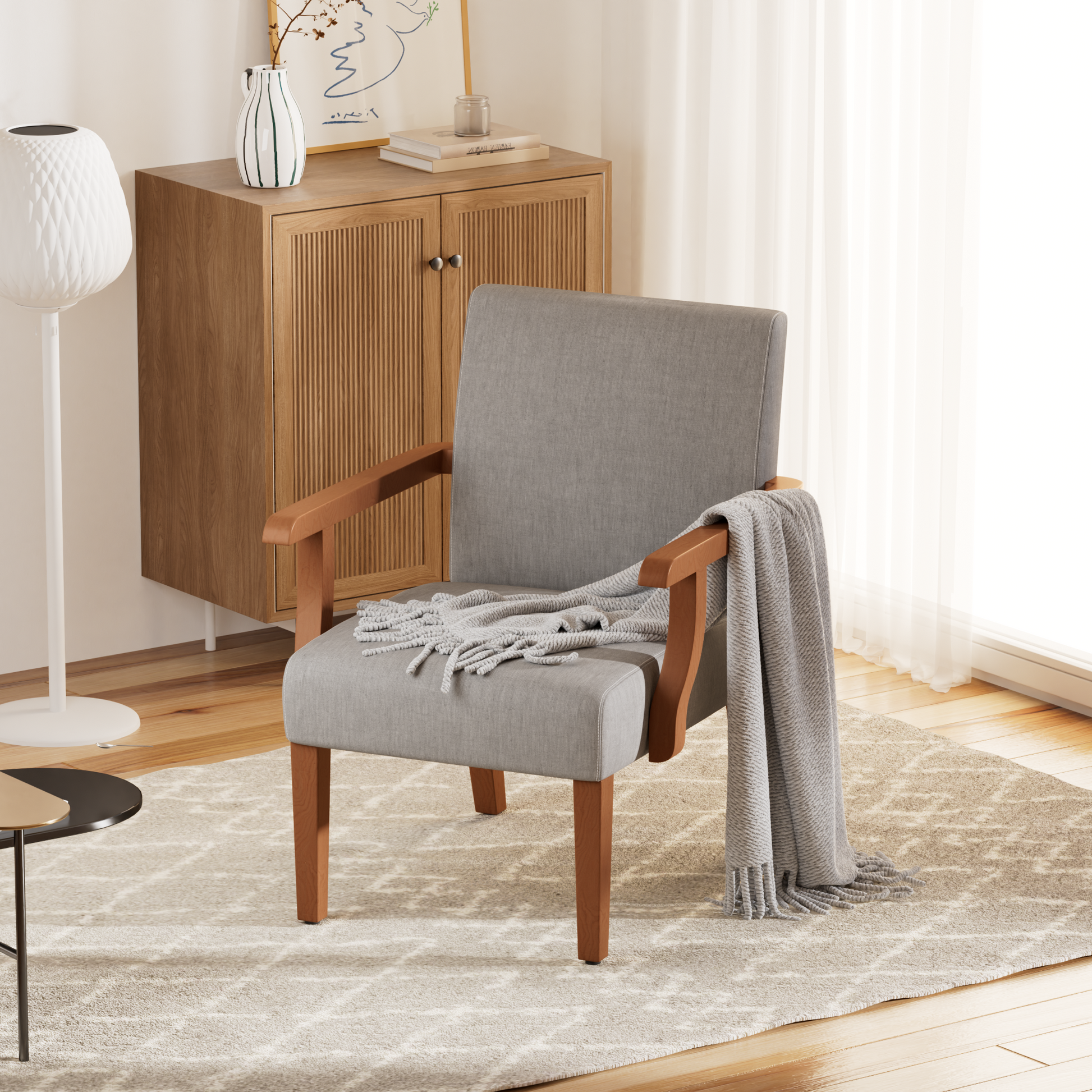 Fabric Accent Arm Chair Set Of 2 With Round Wood Table Light Gray Fabric