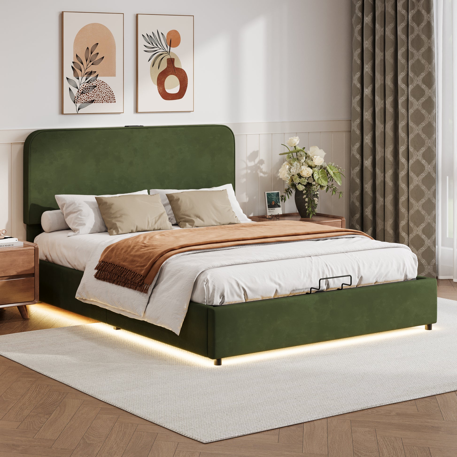 Upholstered Platform Full Size Hydraulic Storage Bed, Lift Up Storage Bed With Rgb Led Light, Bluetooth Speaker, No Box Spring Needed, Lychee Velvet, Green Full Green Velvet Fabric Metal