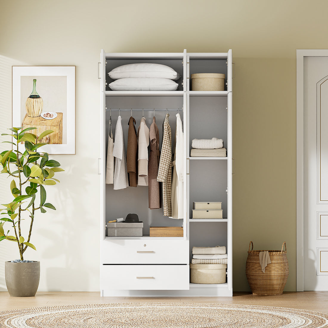 3 Door Mirror Wardrobe With 2 Drawers And Top Cabinet,White White Particle Board