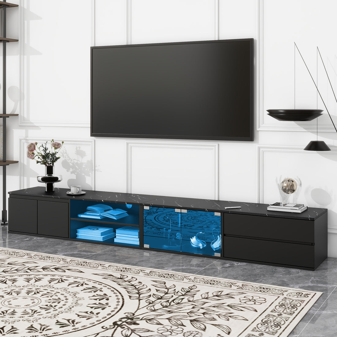 Modern App Controlled Led Tv Stand For Tvs Up To 105'', Faux Marble Tabletop Media Console With Tempered Glass Doors, Entertainment Center With 2 Drawers & Cabinets For Living Room, Black Black 90 Inches Or Larger Particle Board Mdf