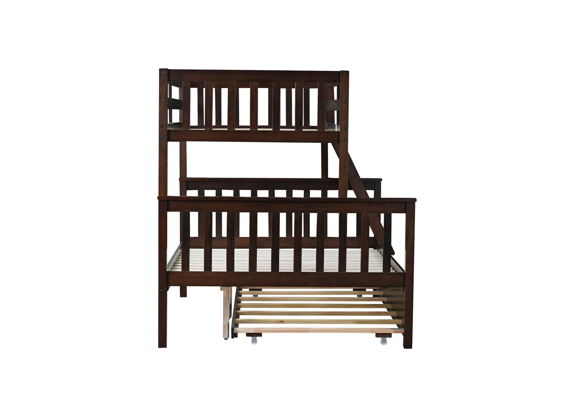 Twin Over Full Rubber Wood Bunk Bed With Trundle, Convertible Ladder And Guardrail, Detachable, Convertible Bed, With Twin Size Trundle ,Espresso Twin Espresso Rubber Wood