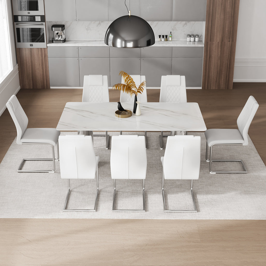 Table And Chair Set, Modern And Minimalist Dining Table. Imitation Marble Glass Sticker Desktop, Stainless Steel Legs, Stable And Beautiful. Comfortable Pu Seats. Dt 69 White Silver Glass