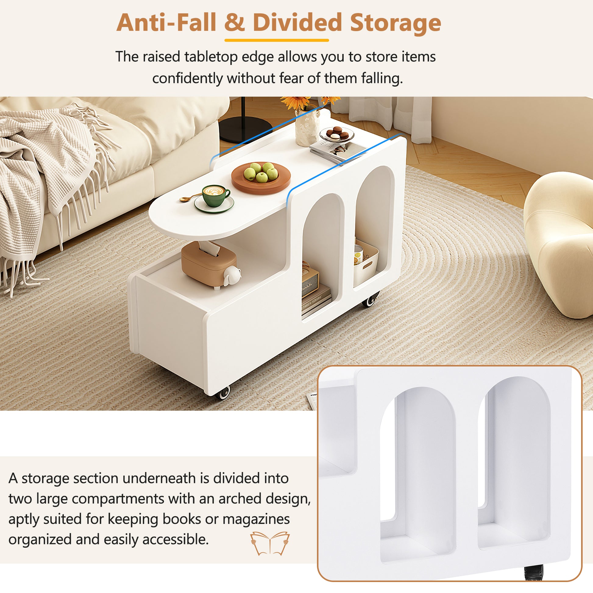 Mobile End Table With Lockable Wheels, Cream Style Side Table With Storage Drawer, 11.8Inch Narrow Nightstand With Multi Layer Storage, Living Room, White White Primary Living Space Mdf