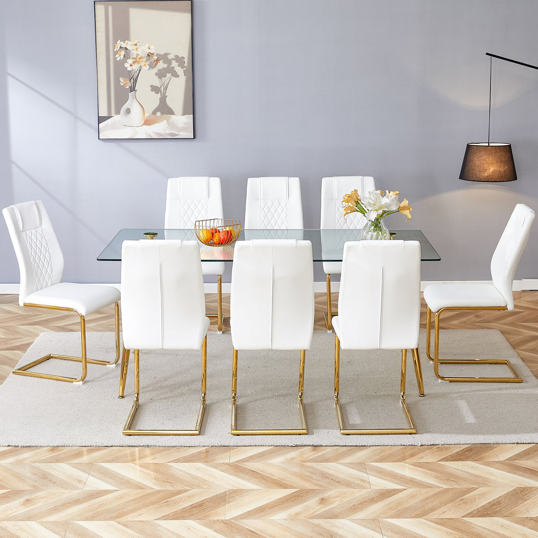 Table And Chair Set.Modern Rectangular Glass Dining Table With A Tempered Glass Tabletop And Metal Legs, Paired With Multiple Chairs Designed With Pu Cushions And Golden Metal Legs. White Gold Seats 8 Tempered Glass