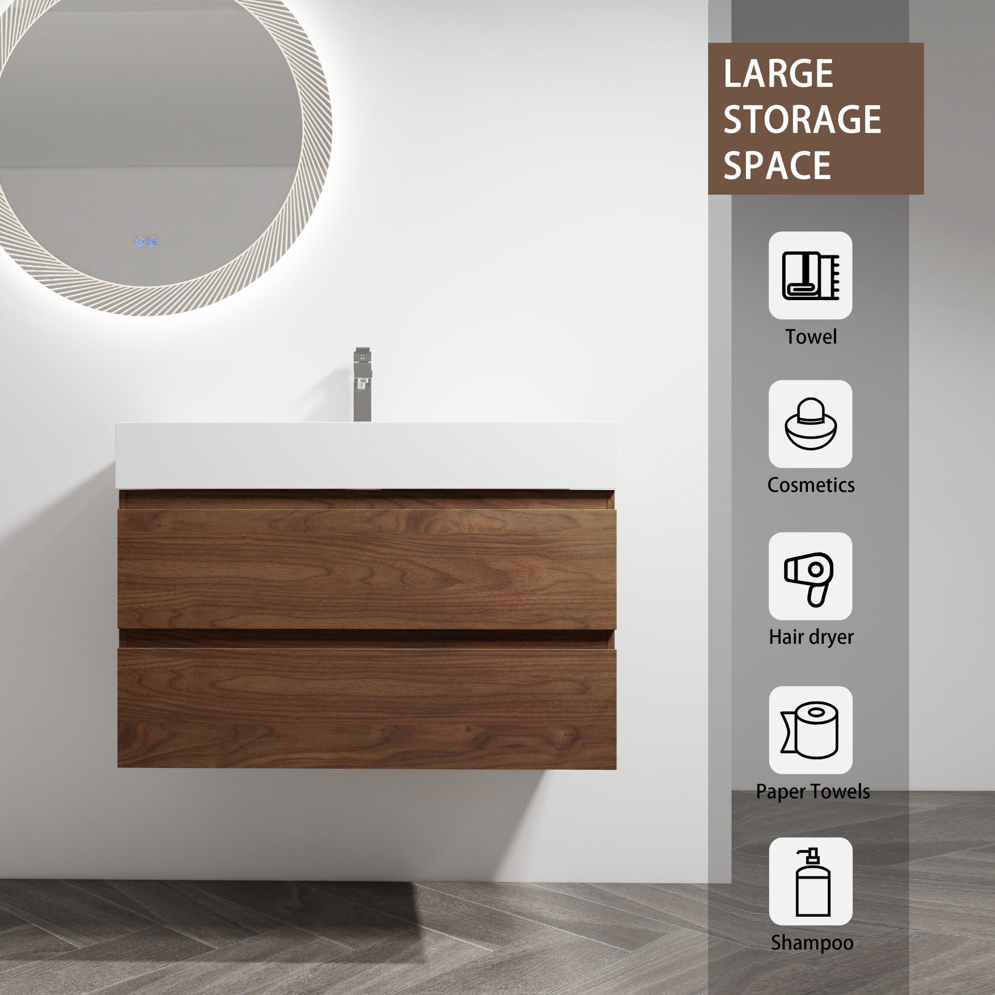 36" Wall Mounted Bathroom Vanity With Resin Sink, 2 Soft Close Drawers, Kd Package 2 Brown Oak Bathroom Wall Mounted Modern Plywood