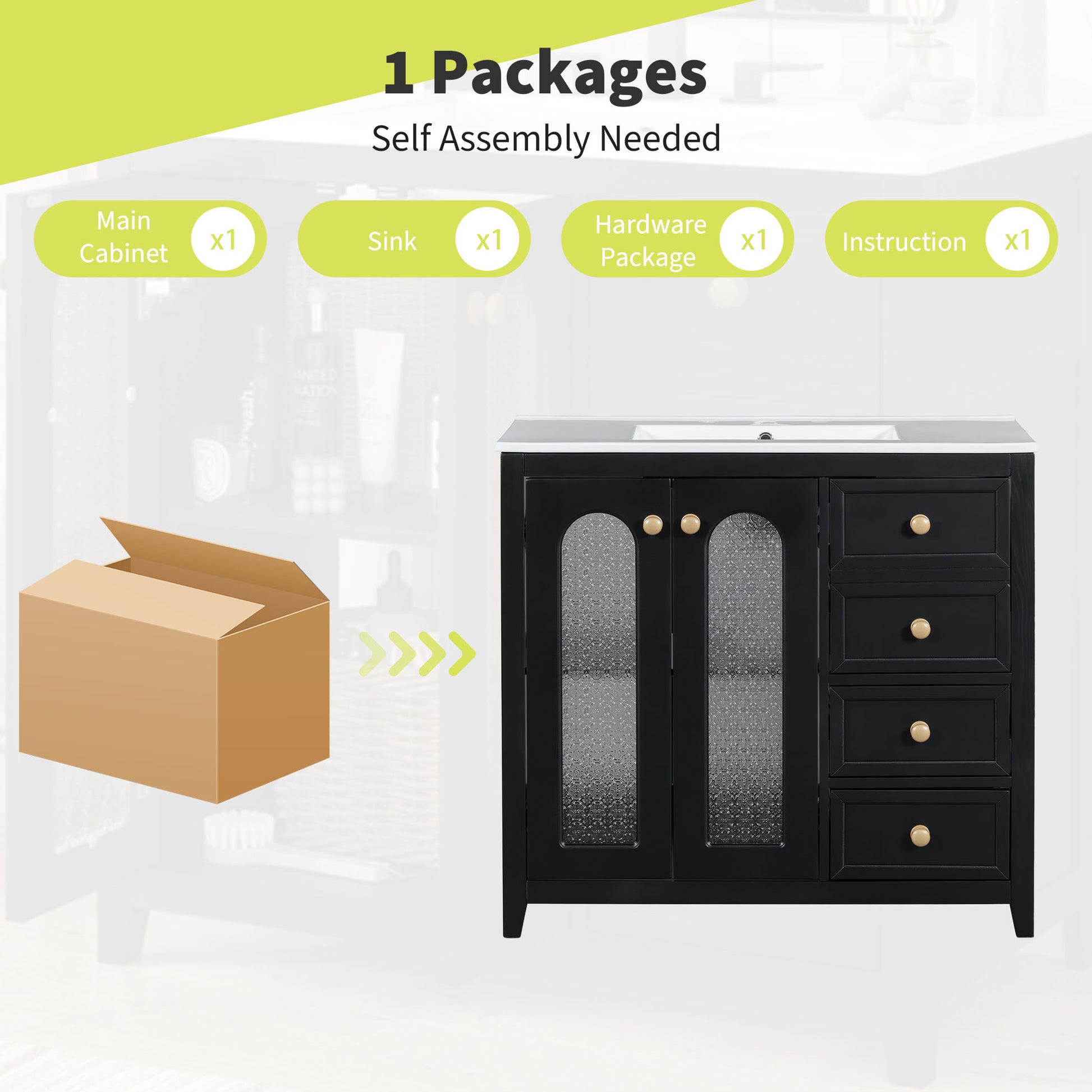 36 Inch Bathroom Vanity With Two Soft Close Doors, Adjustable Shelves And Three Soft Close Drawers Black Bathroom Solid Wood Mdf