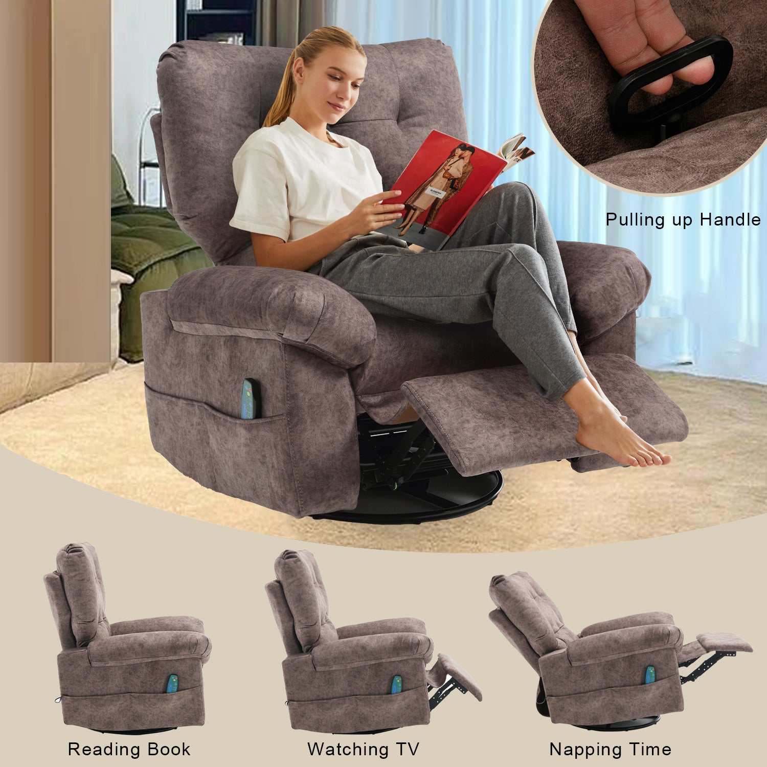 Overstuffed Rocker Recliner Chair With Massage And Heat, 360 Swivel Fabric Wide Seat Single Sofa Lounge Chairs With Side Pocket, Manual Home Theater Recliners For Living Room Brown Metal Soft Heavy Duty Textile